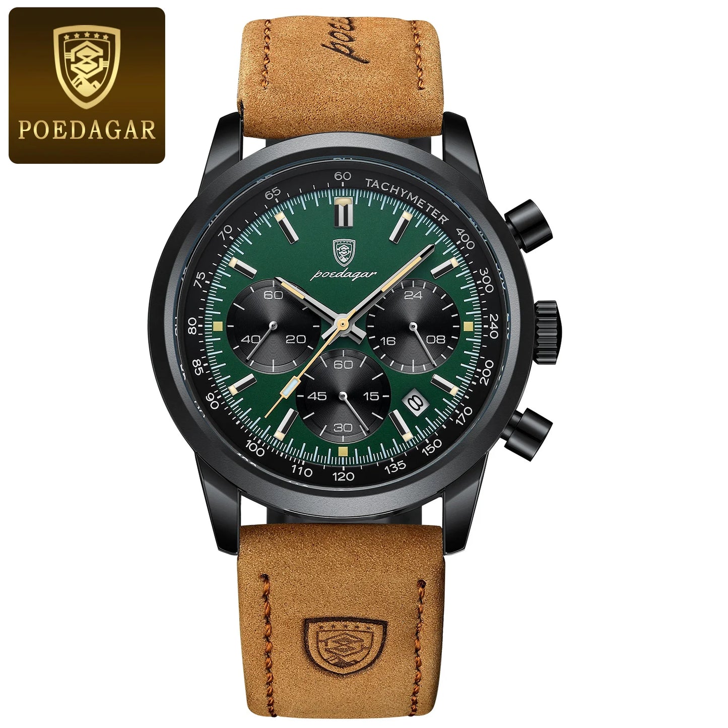 Chronograph Leather Watch – Luminous Numberless Dial with Date