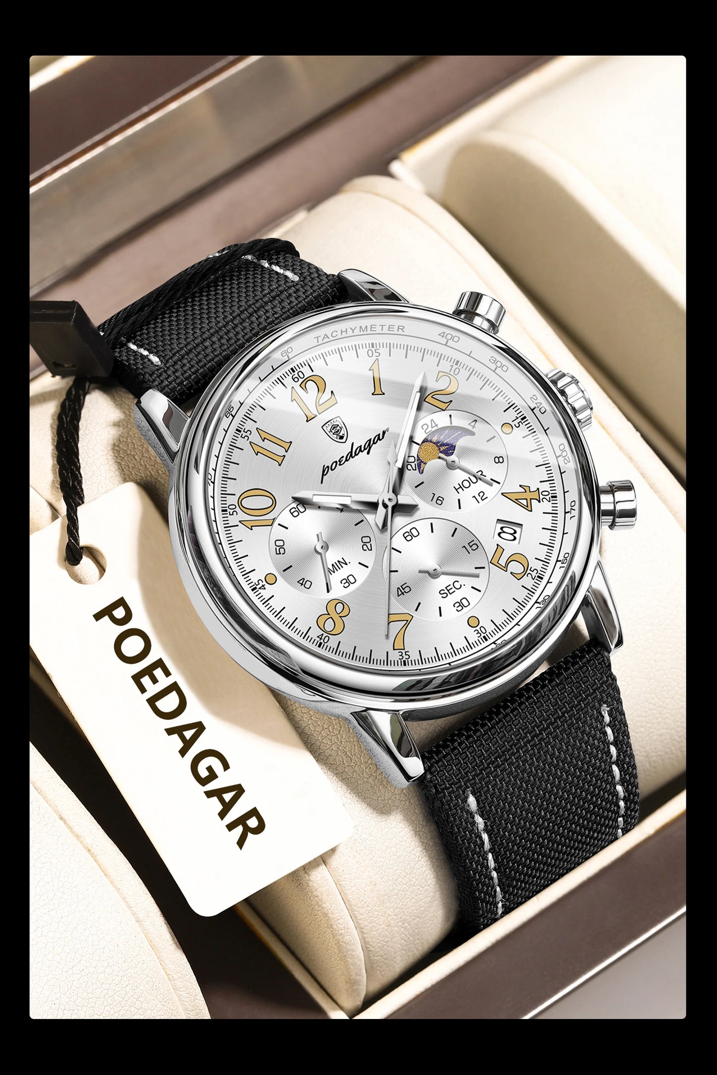 Classic Chronograph Watch – Luminous Arabic Dial with Nylon Strap