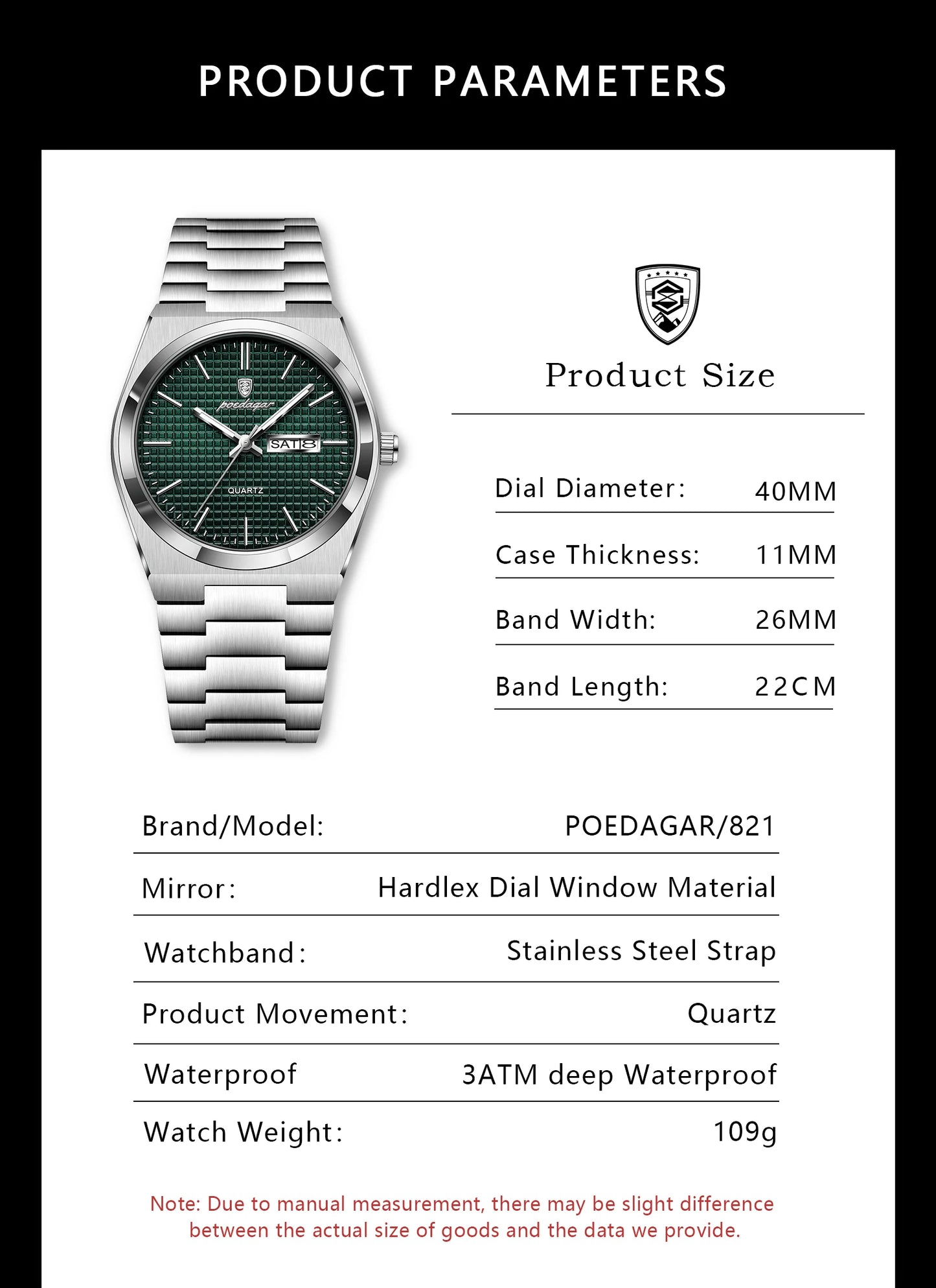 Full Calendar Stainless Steel Watch – Luminous Dial with Date, Week & Hidden Clasp
