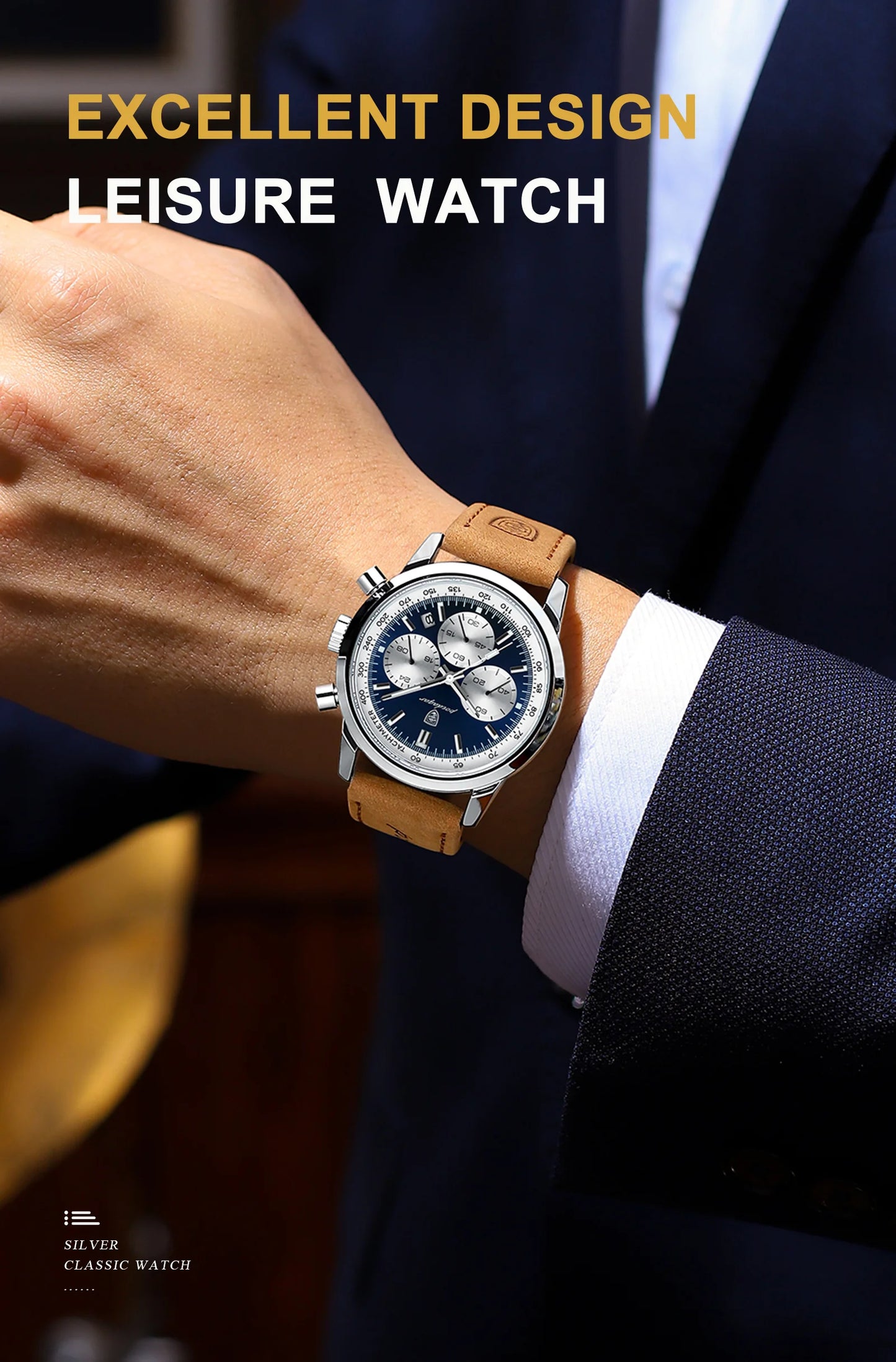Chronograph Leather Watch – Luminous Numberless Dial with Date