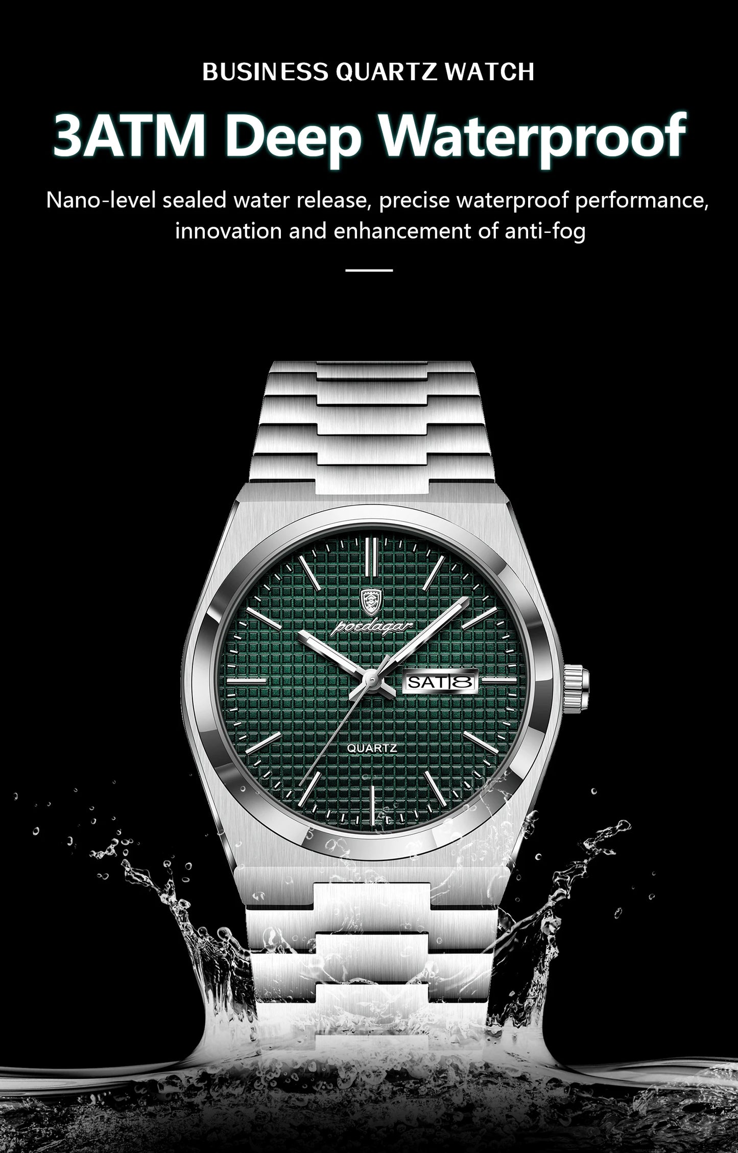 Full Calendar Stainless Steel Watch – Luminous Dial with Date, Week & Hidden Clasp