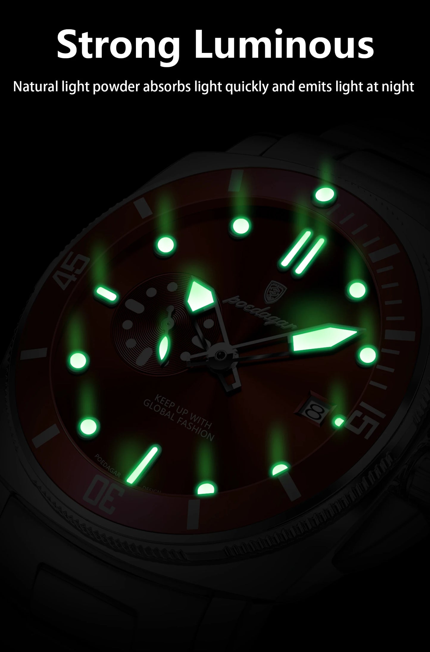 Business Date Watch – Luminous Numberless Dial with Hidden Clasp Bracelet