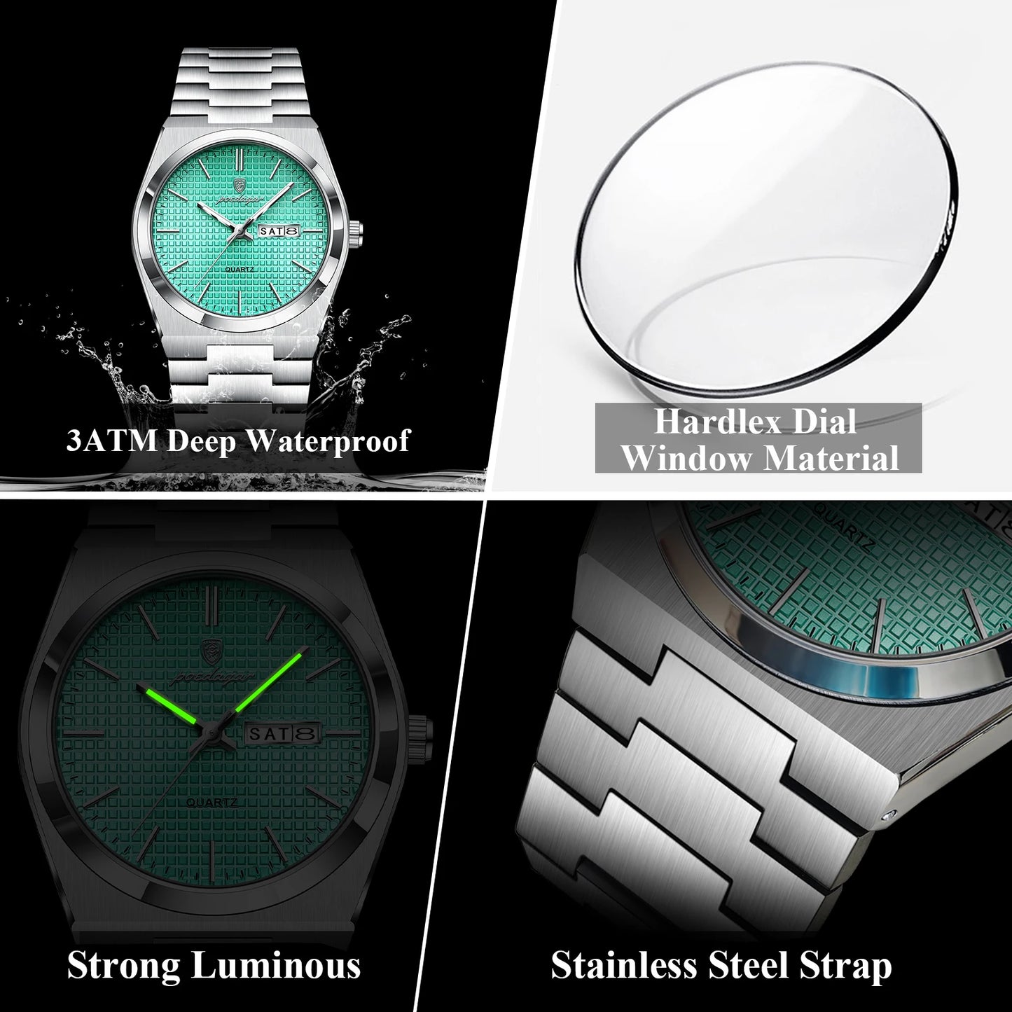 Full Calendar Stainless Steel Watch – Luminous Dial with Hidden Clasp Bracelet