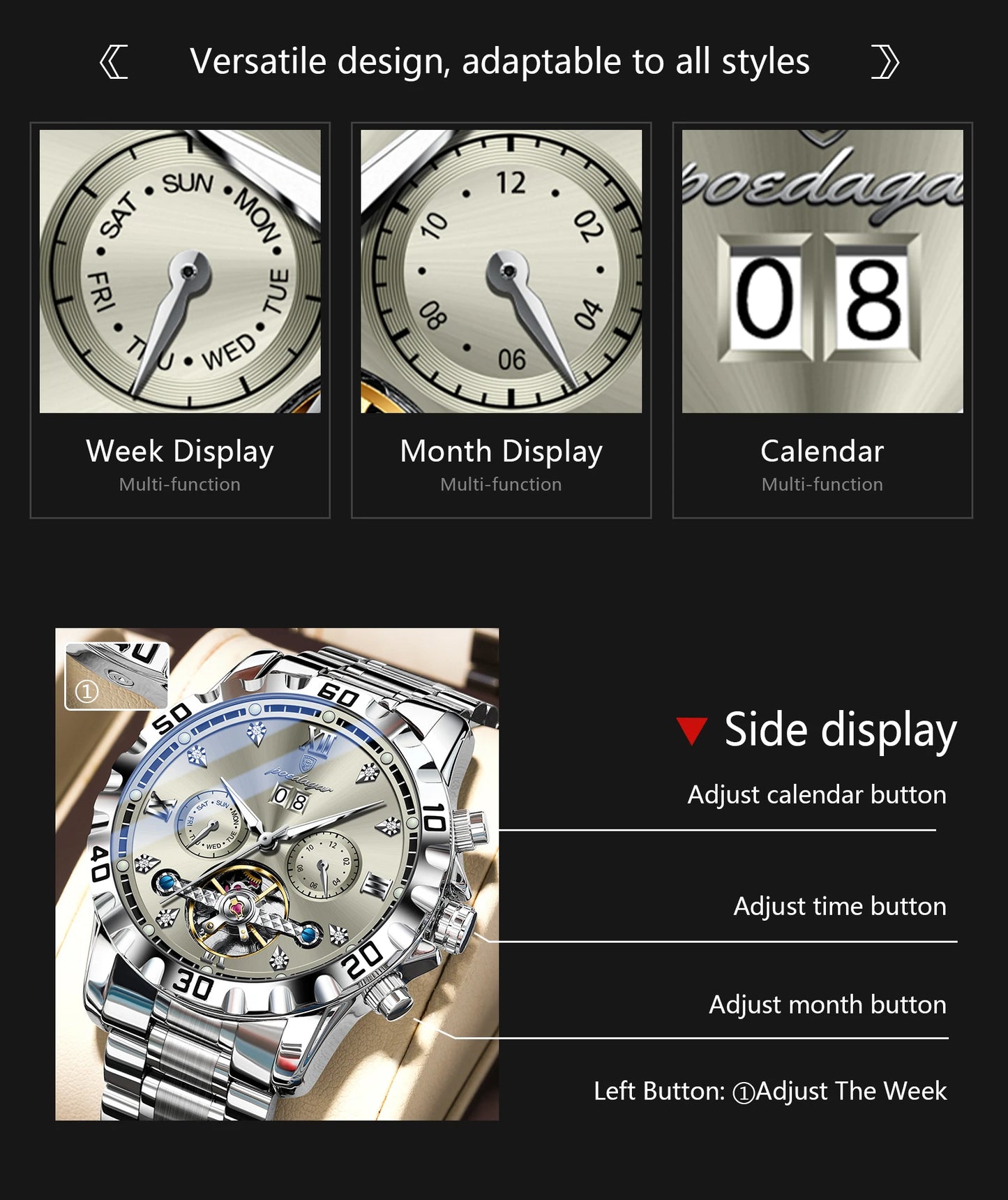 Automatic Tourbillon Style Watch – Sapphire Crystal with Week Display & Hidden Clasp