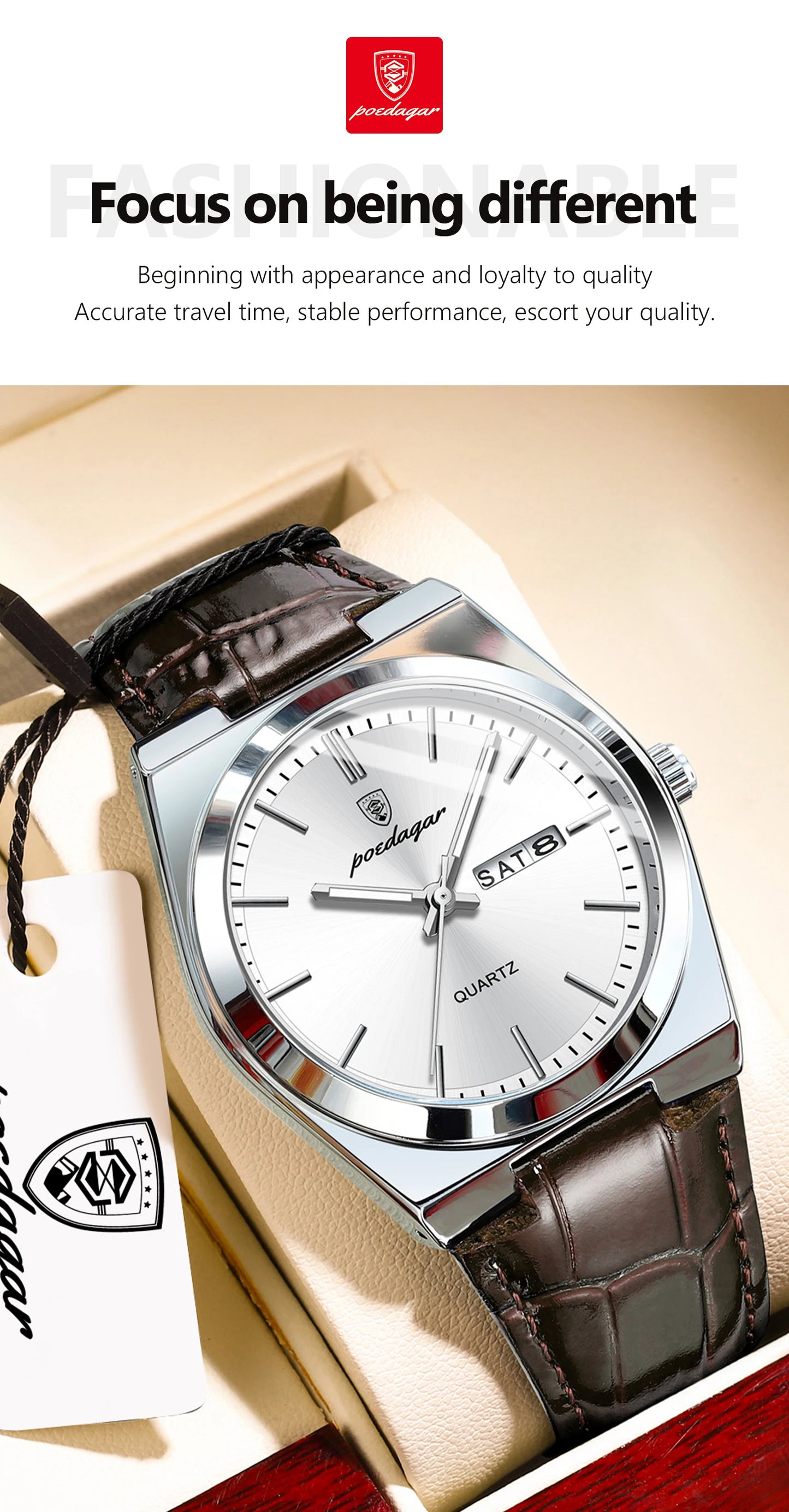 Full Calendar Leather Watch – Luminous Dial with Date, Week & Classic Buckle