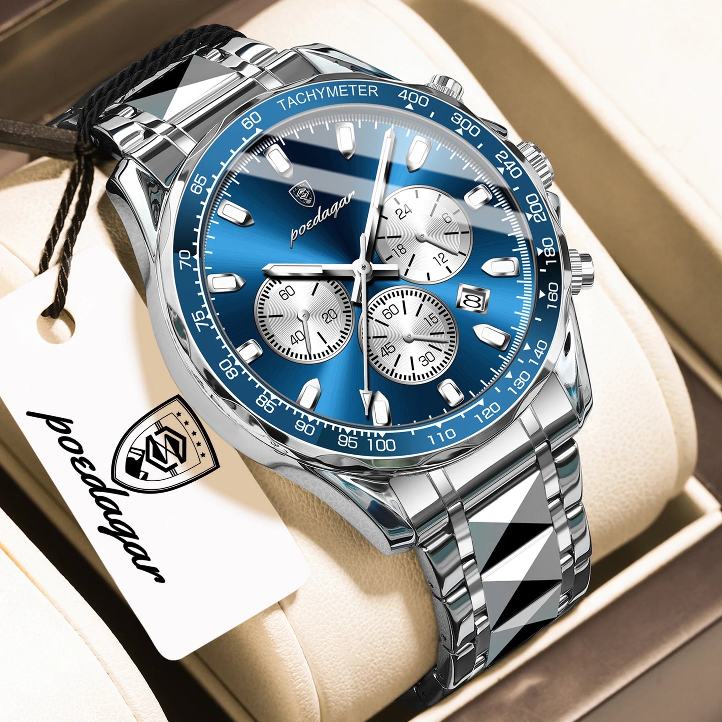 Chronograph Date Watch – Luminous Dial with Hidden Clasp Bracelet