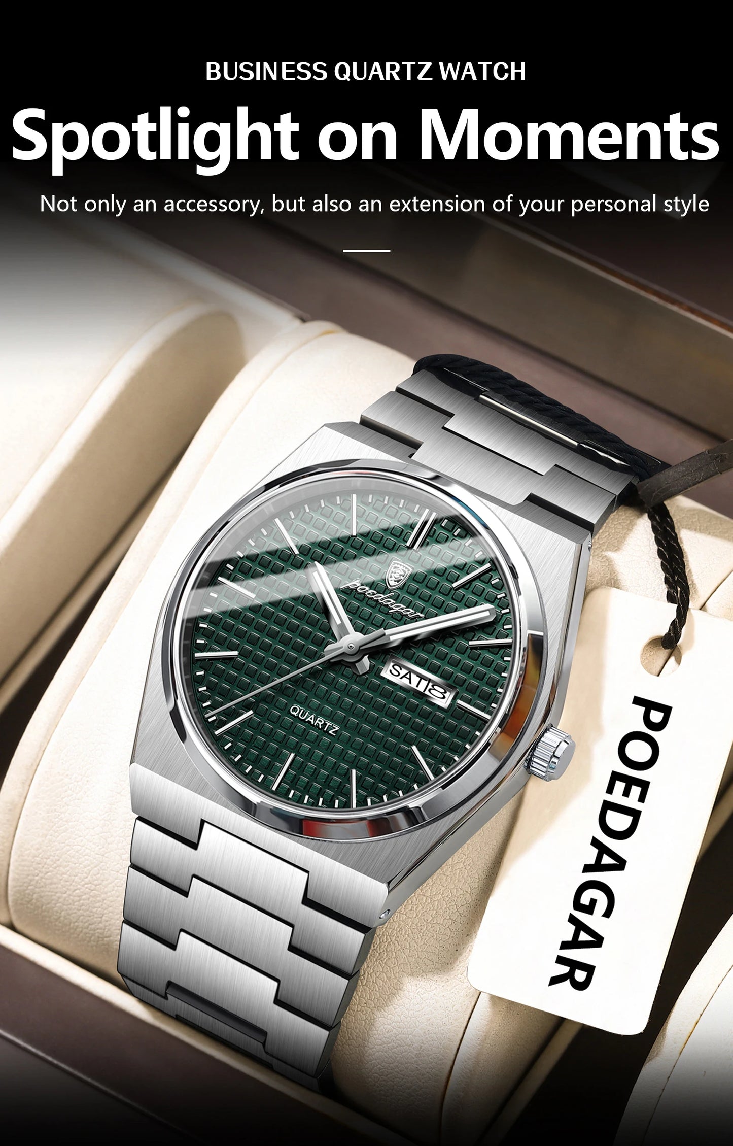 Full Calendar Stainless Steel Watch – Luminous Dial with Date, Week & Hidden Clasp