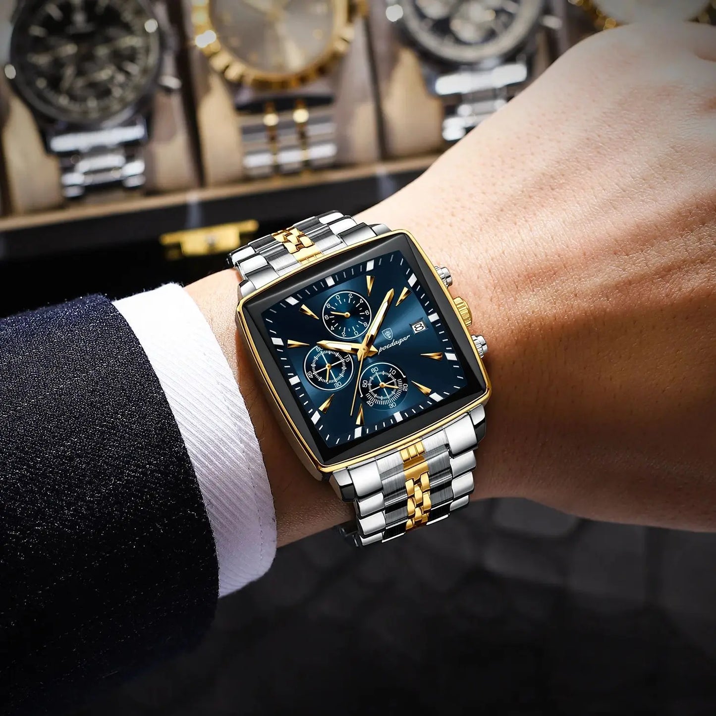 Square Chronograph Watch – Bold Numberless Dial with Hidden Clasp Bracelet