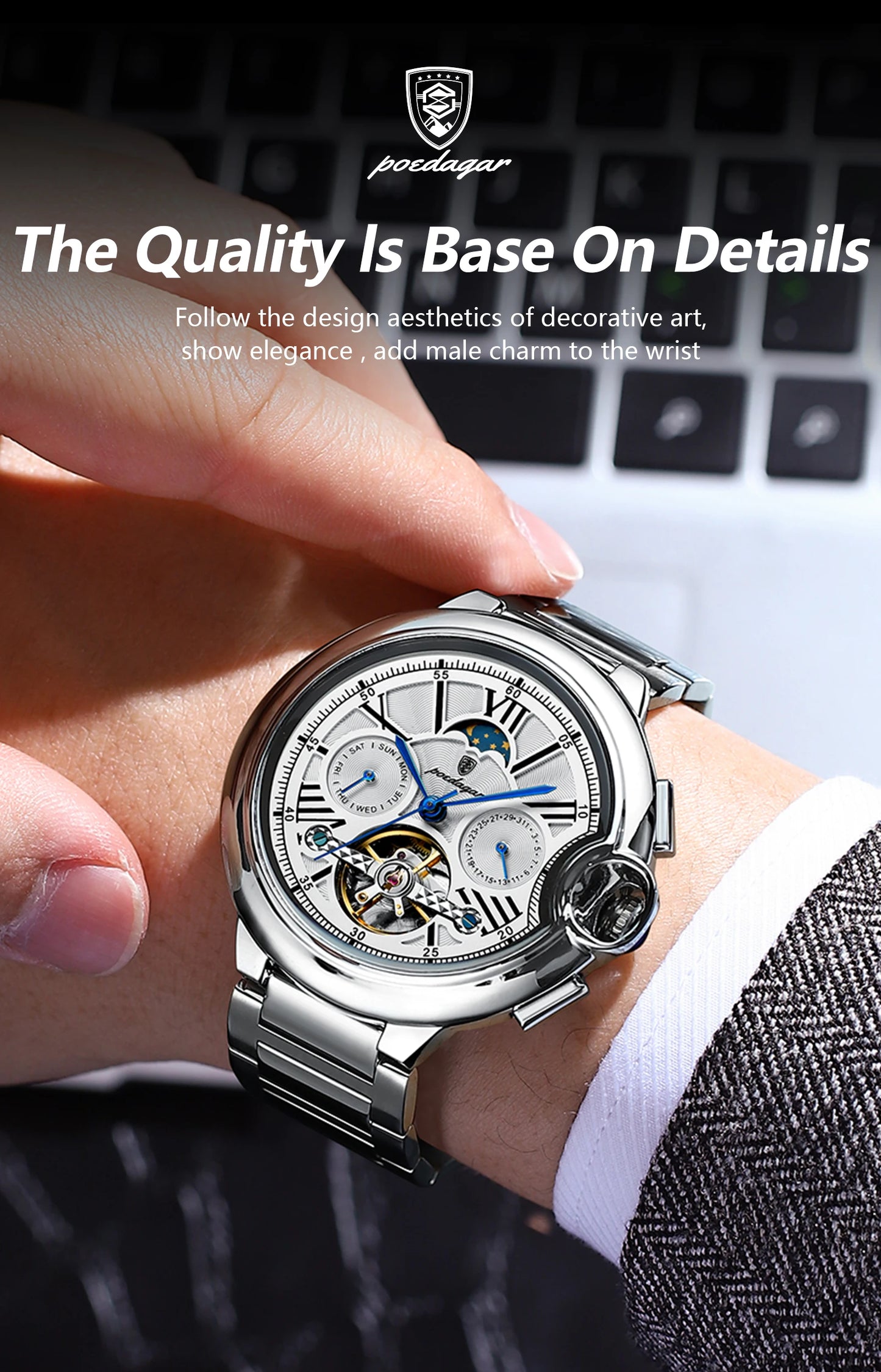 Automatic Skeleton Watch – Tourbillon Style with Moon Phase & Full Calendar