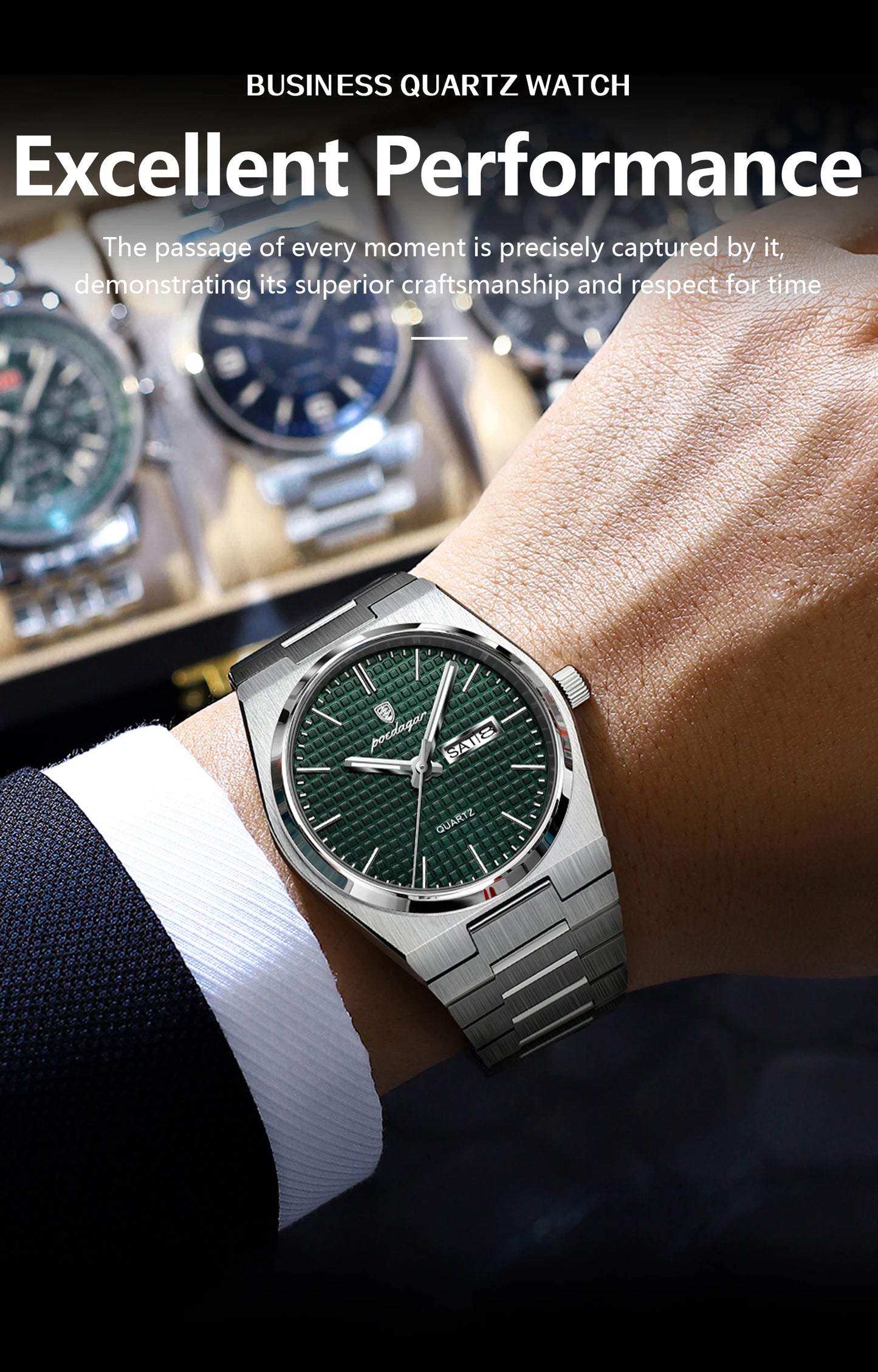 Full Calendar Stainless Steel Watch – Luminous Dial with Date, Week & Hidden Clasp