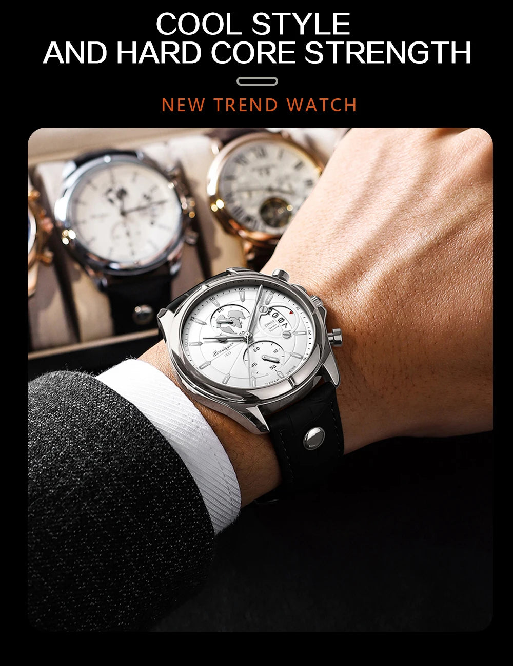 Chronograph Leather Watch – Full Calendar & Luminous Dial