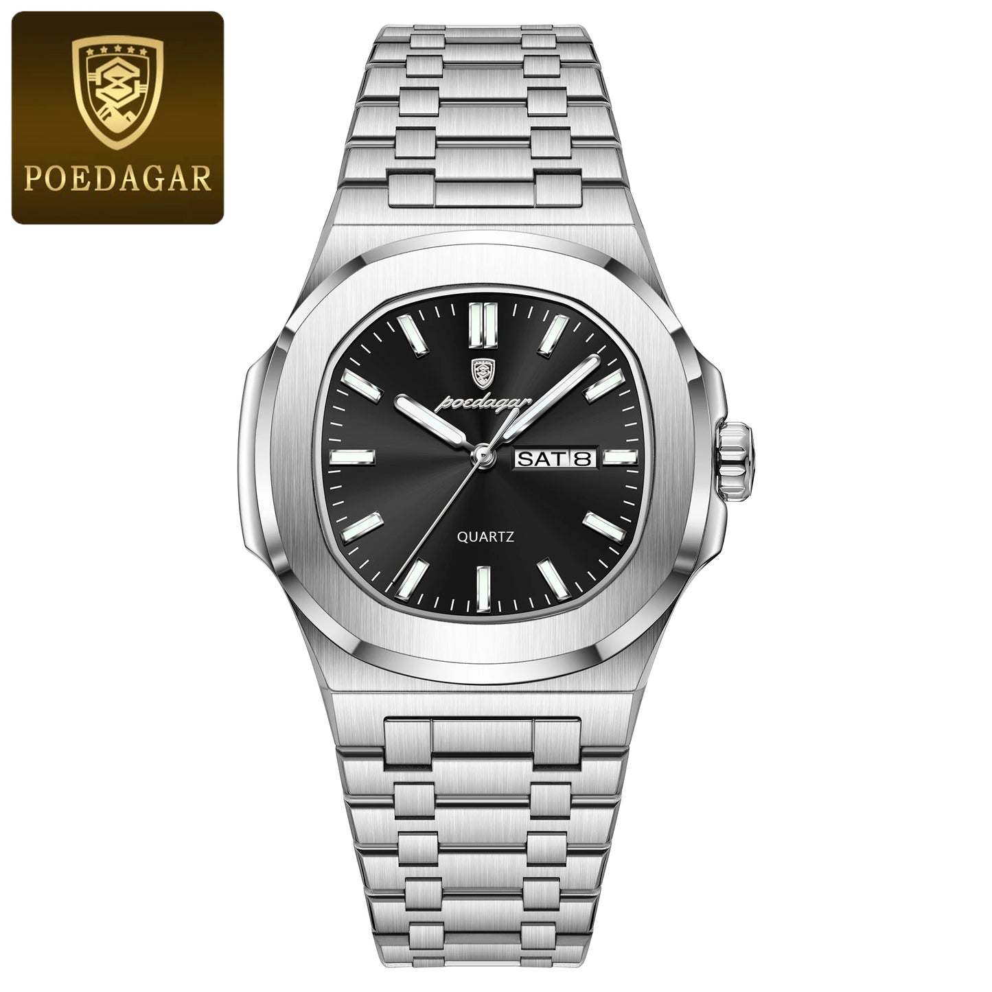 Square Full Calendar Watch – Date & Week Display with Hidden Clasp Bracelet