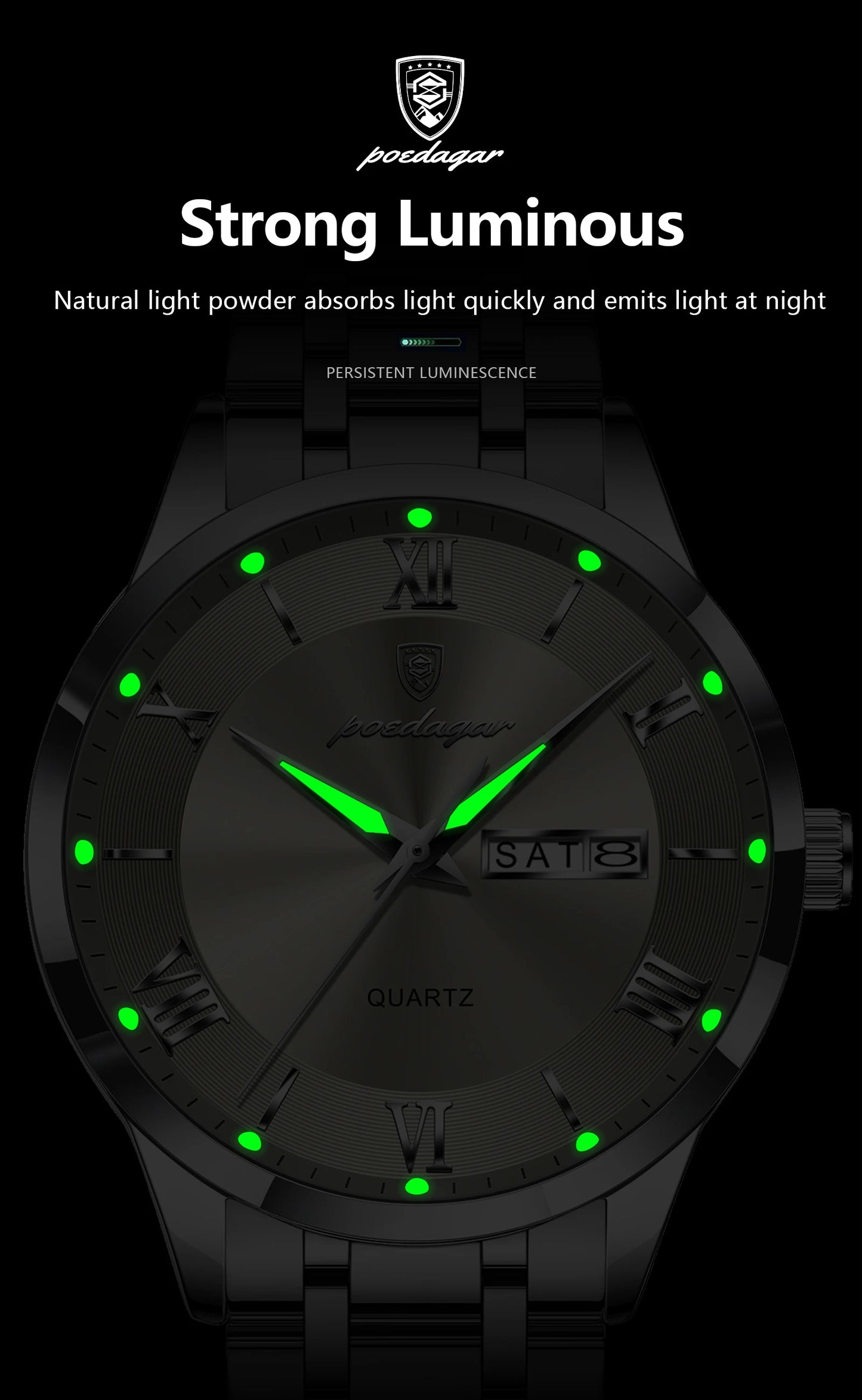 Roman Numeral Full Calendar Watch – Luminous Dial with Hidden Clasp Bracelet