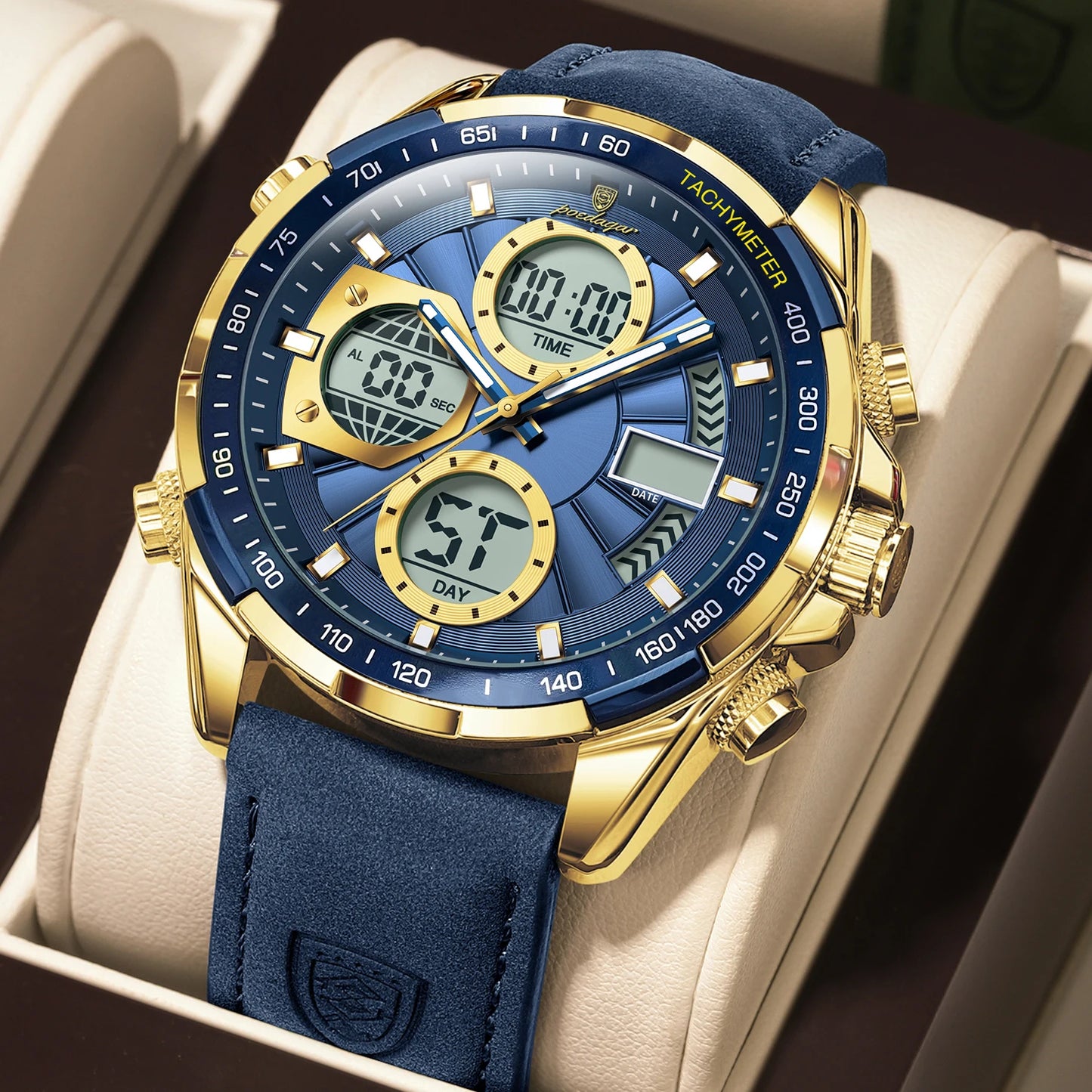 LED Analog-Digital Chronograph Watch – Dual Time & Alarm with Leather Strap