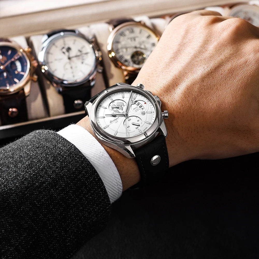 Chronograph Leather Watch – Full Calendar & Luminous Dial