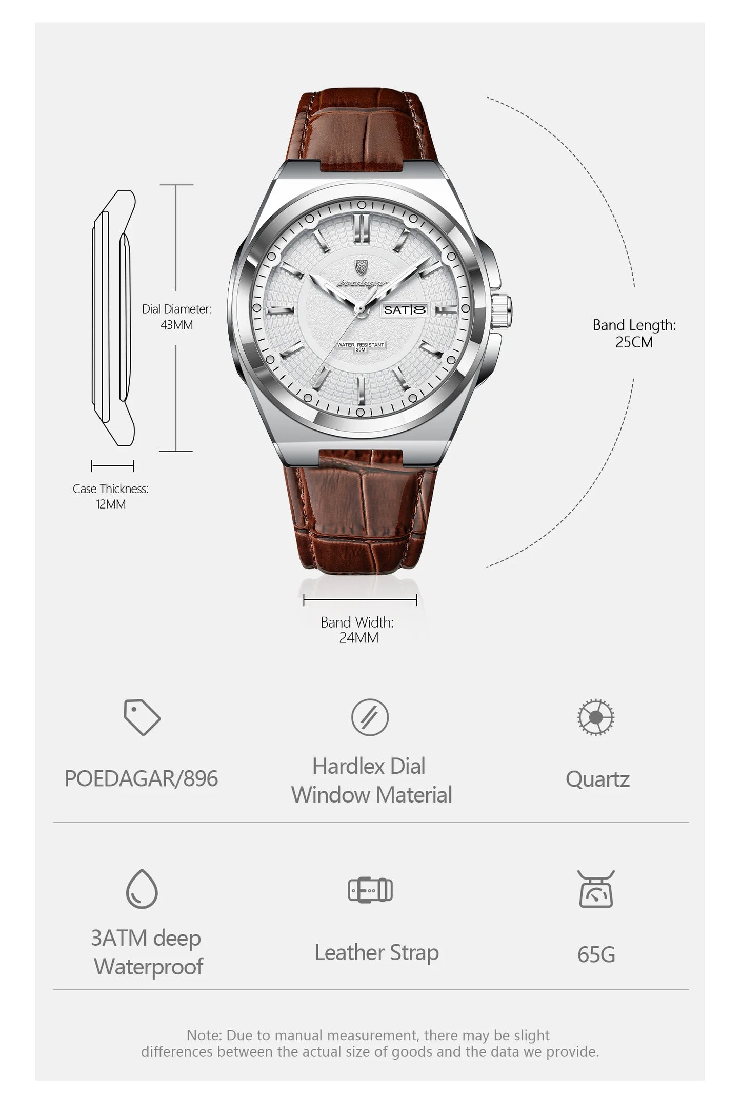 Full Calendar Leather Watch – Luminous Dial with Date & Week Display