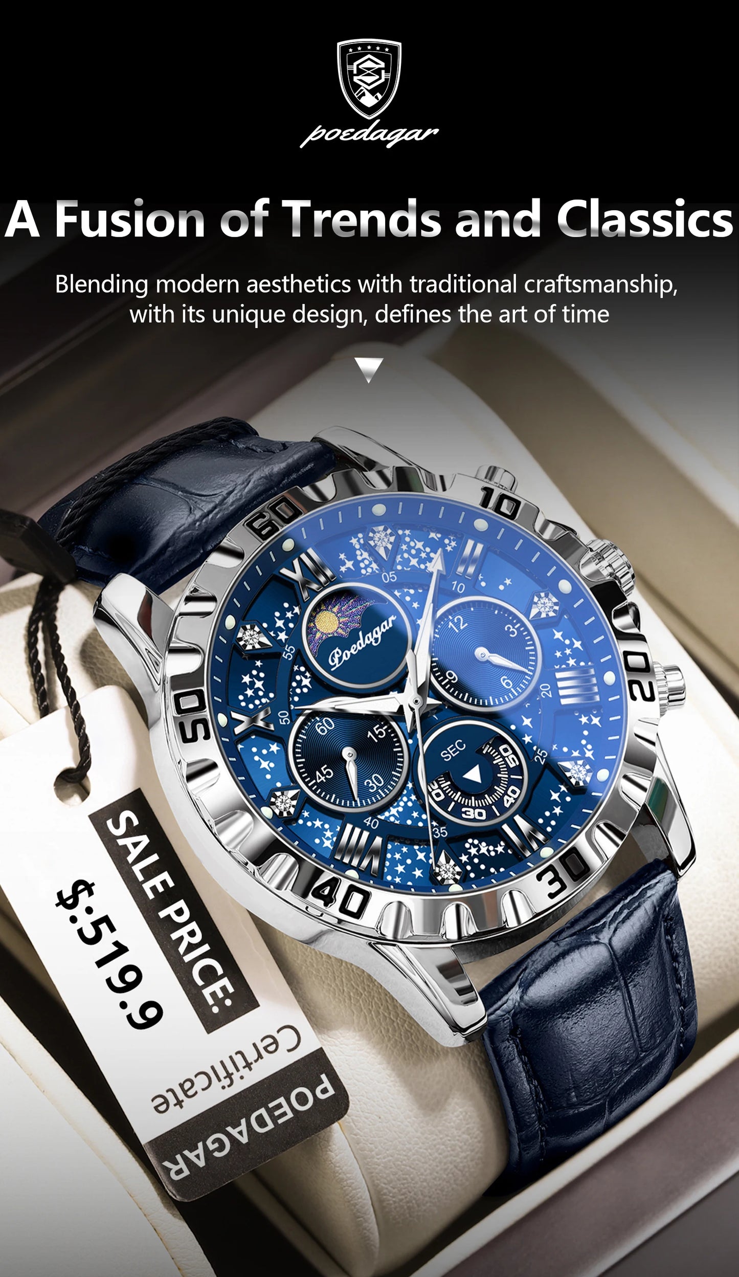 Chronograph Watch with Multiple Time Zone – Leather Strap & Sapphire Crystal