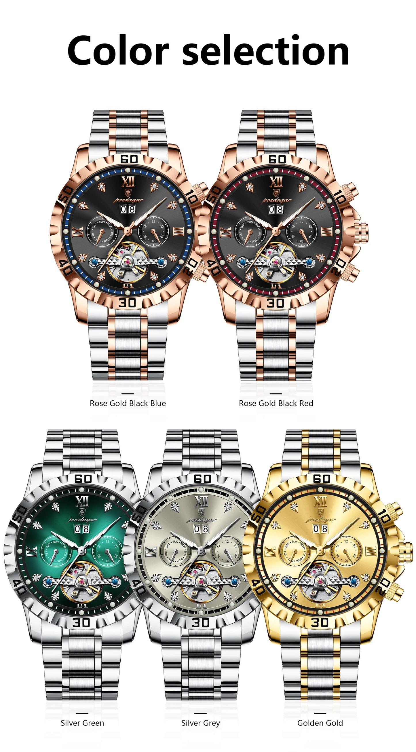 Automatic Tourbillon Style Watch – Sapphire Crystal with Week Display & Hidden Clasp