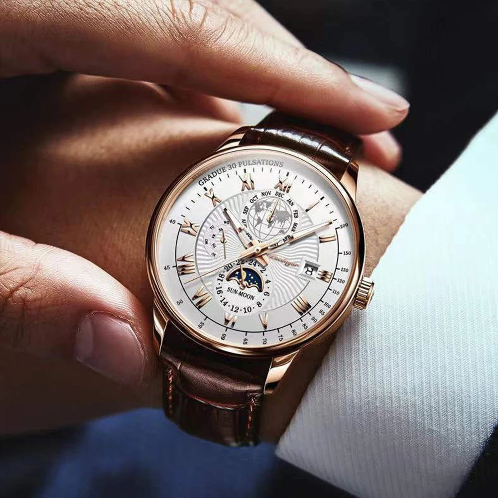 Roman Numeral Full Calendar Watch – Stainless Steel Bracelet with Stopwatch