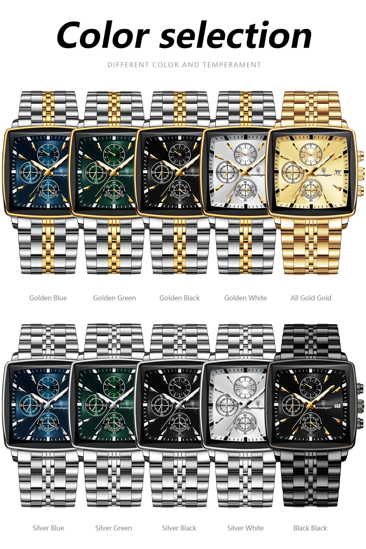 Square Chronograph Watch – Bold Numberless Dial with Hidden Clasp Bracelet