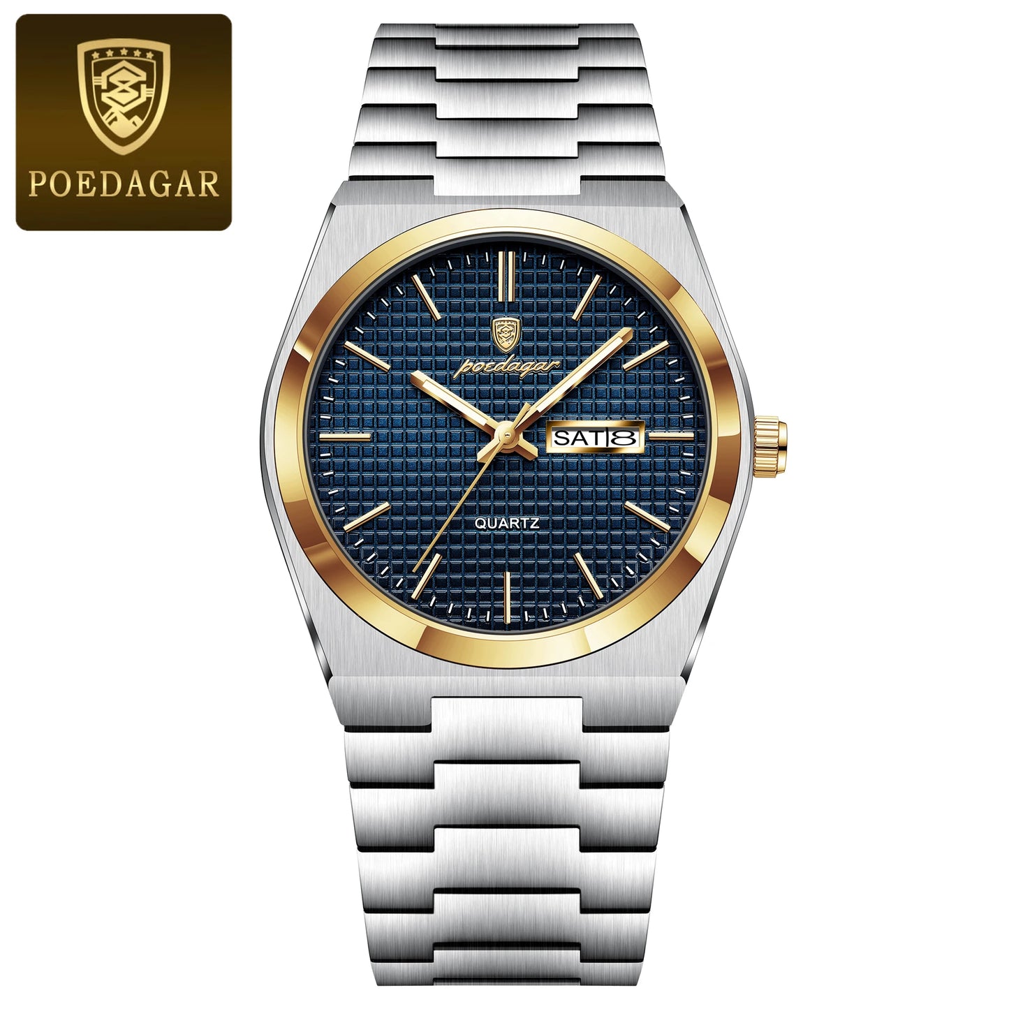 Full Calendar Stainless Steel Watch – Luminous Dial with Date, Week & Hidden Clasp