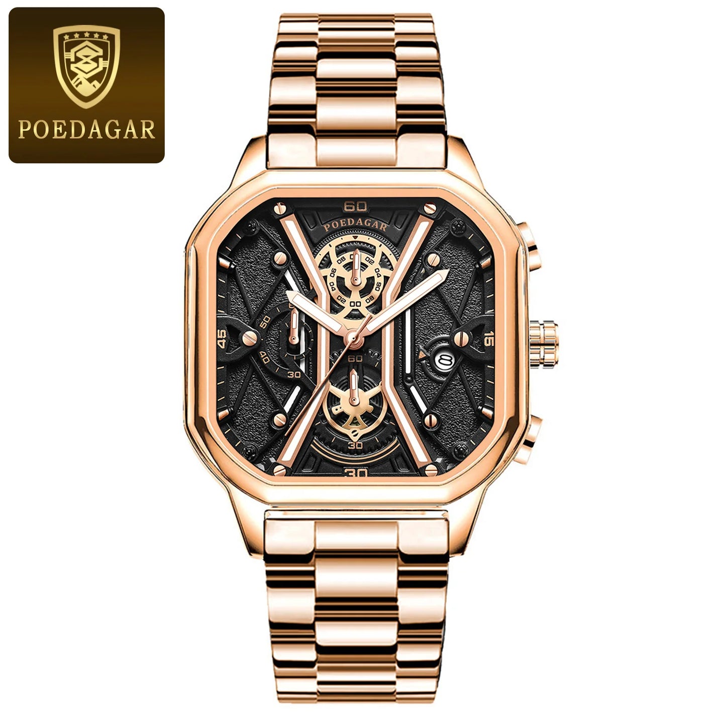 Square Chronograph Watch – Full Calendar with Leather Strap & Luminous Dial