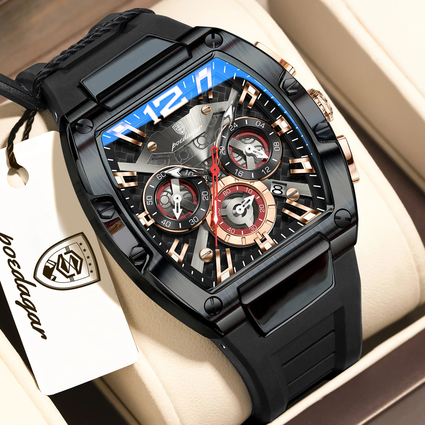 Tonneau Chronograph Watch – Roman Numeral Dial with Sapphire Crystal & Silicone Strap