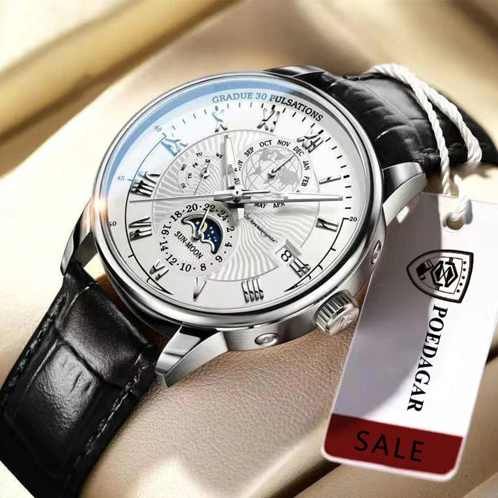 Roman Numeral Full Calendar Watch – Stainless Steel Bracelet with Stopwatch