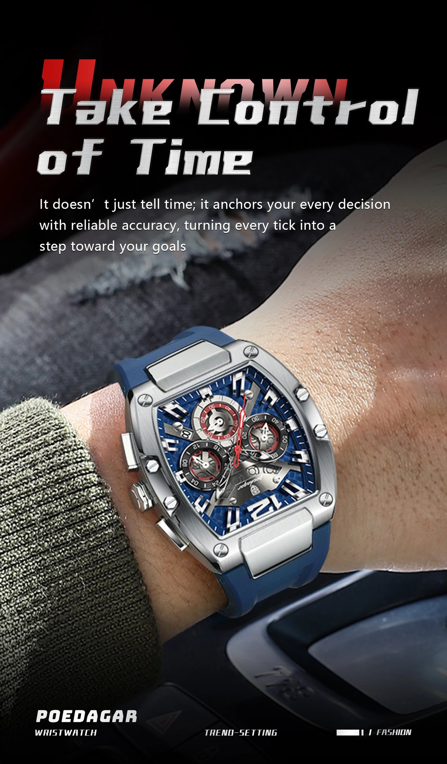 Tonneau Chronograph Watch – Luminous Arabic Dial with Silicone Strap