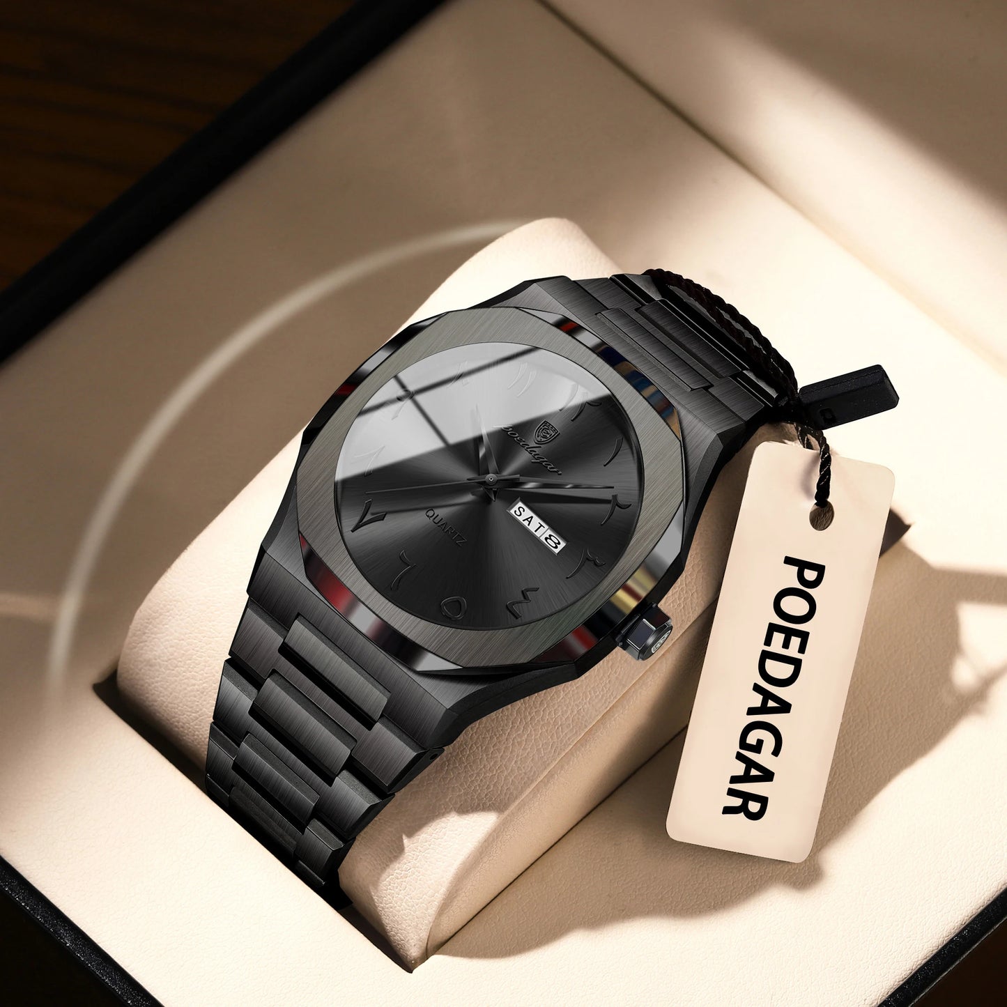 Irregular Shape Stainless Steel Watch – Full Calendar with Date & Week Display