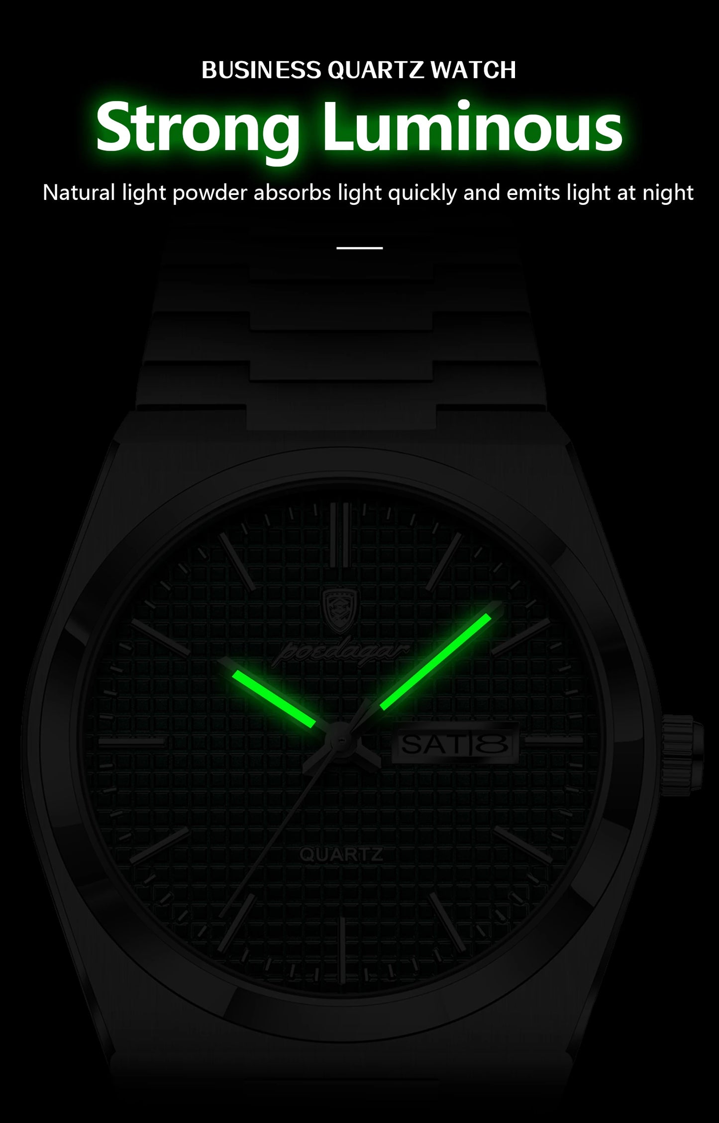 Full Calendar Stainless Steel Watch – Luminous Dial with Date, Week & Hidden Clasp