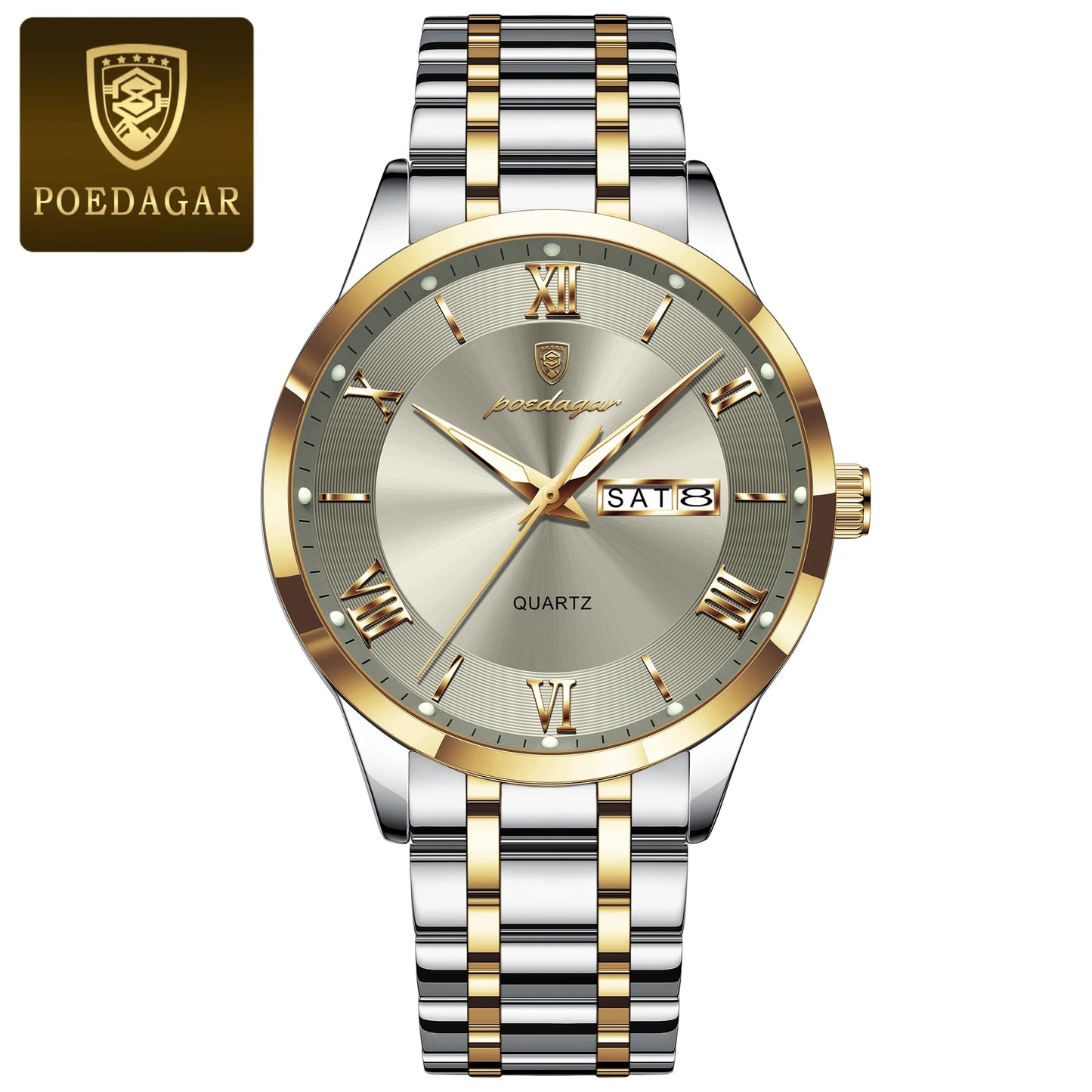 Roman Numeral Full Calendar Watch – Luminous Dial with Hidden Clasp Bracelet