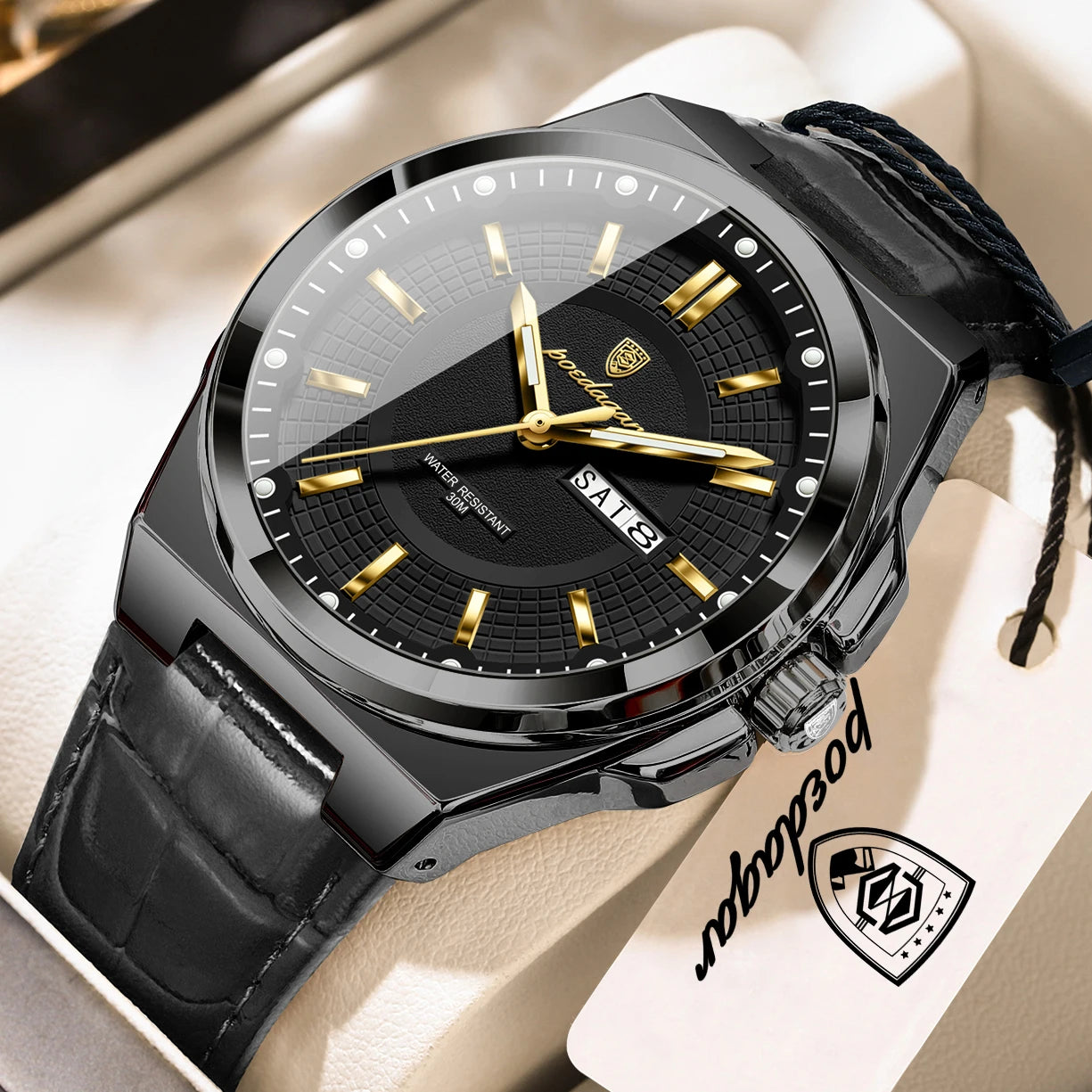 Full Calendar Leather Watch – Luminous Dial with Date & Week Display
