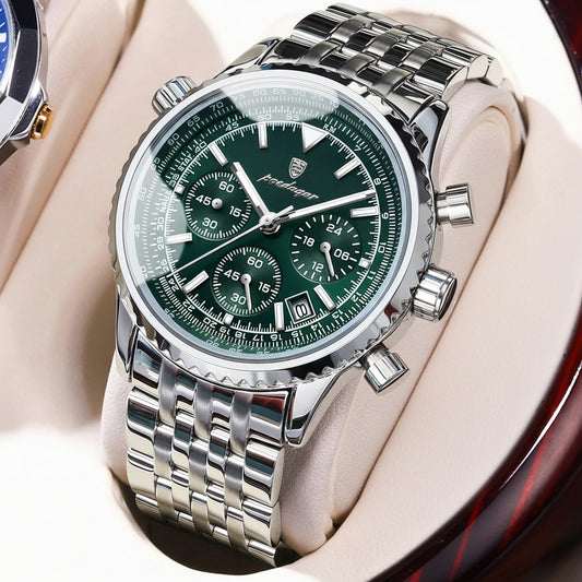 Chronograph Date Watch – Luminous Numberless Dial with Hidden Clasp Bracelet