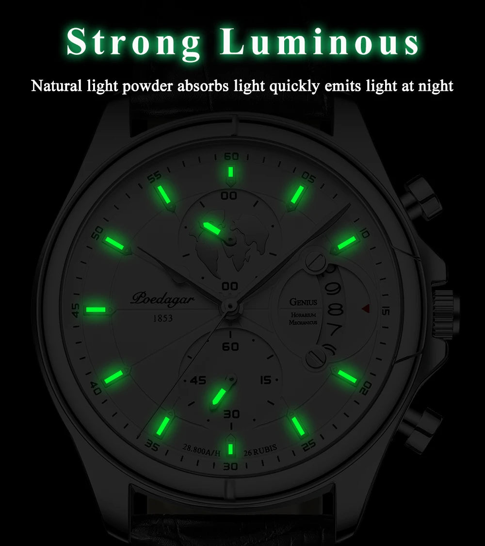Chronograph Leather Watch – Full Calendar & Luminous Dial
