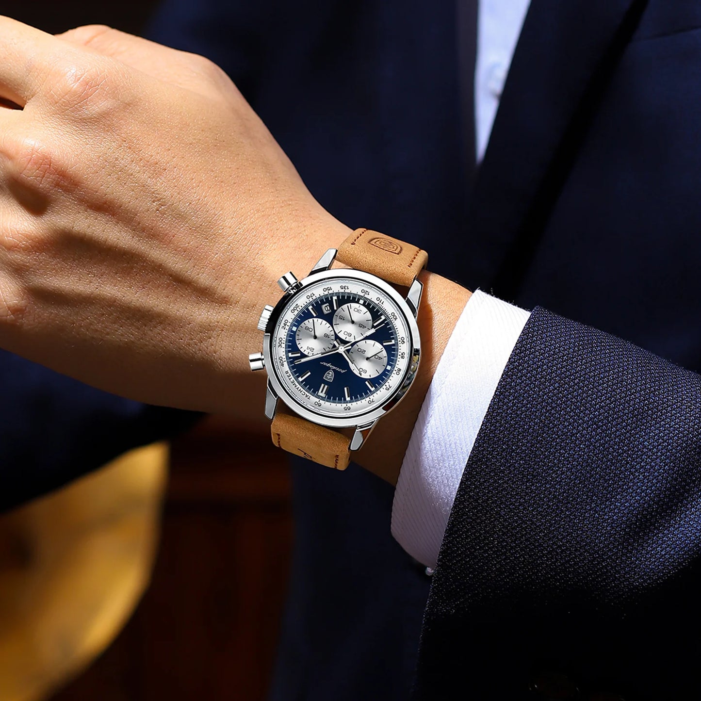 Chronograph Leather Watch – Full Calendar with Luminous Dial