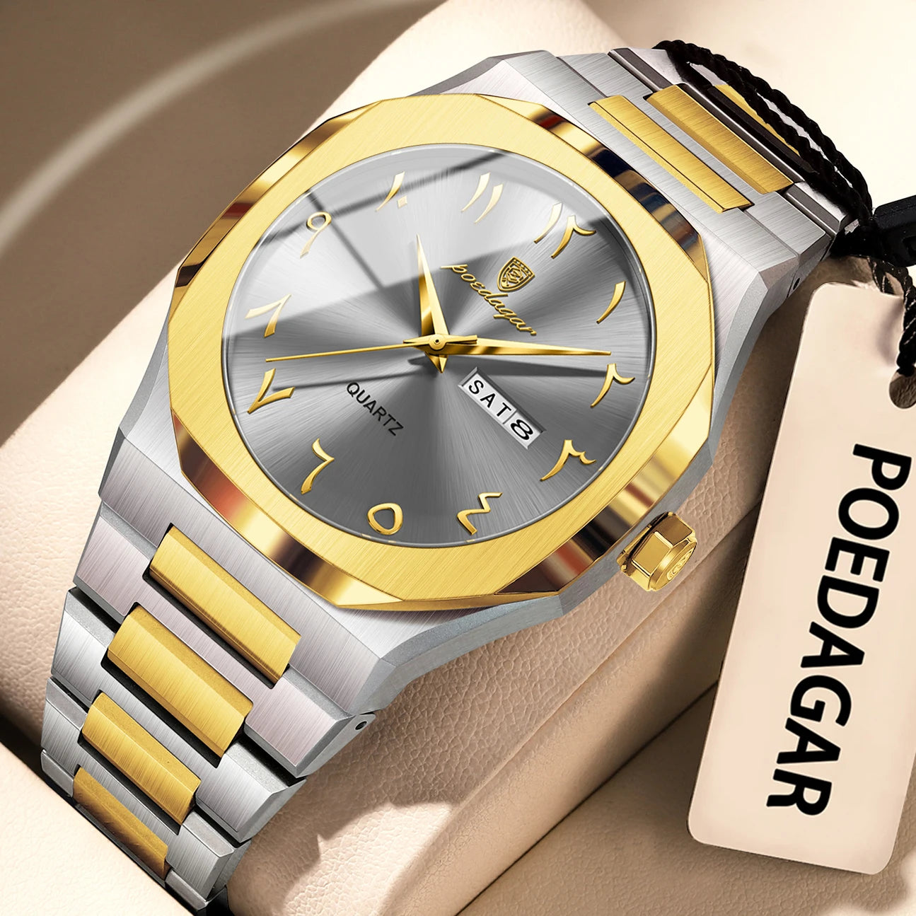Irregular Shape Full Calendar Watch – Date & Week Display with Hidden Clasp