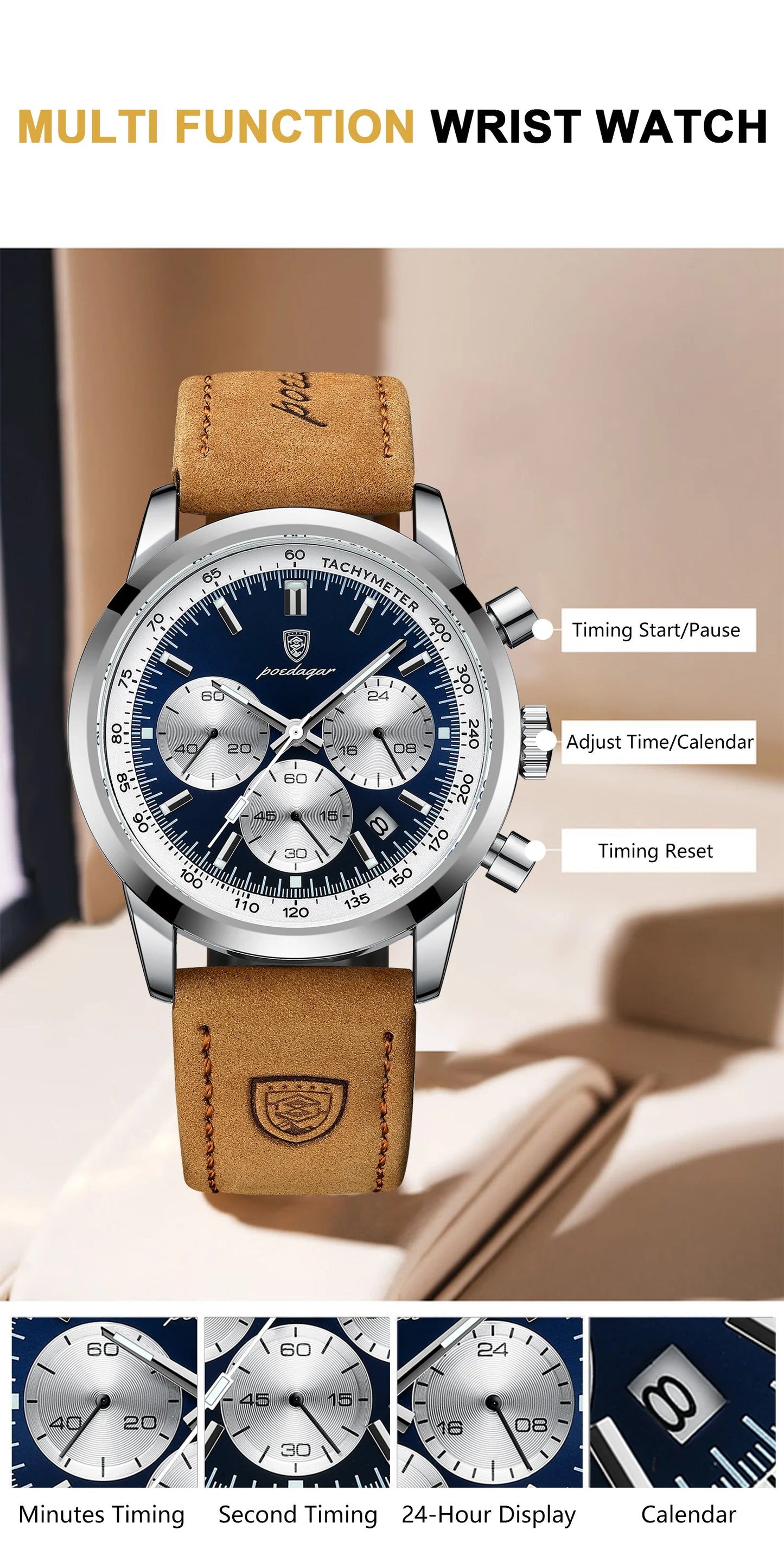 Chronograph Leather Watch – Full Calendar with Luminous Dial