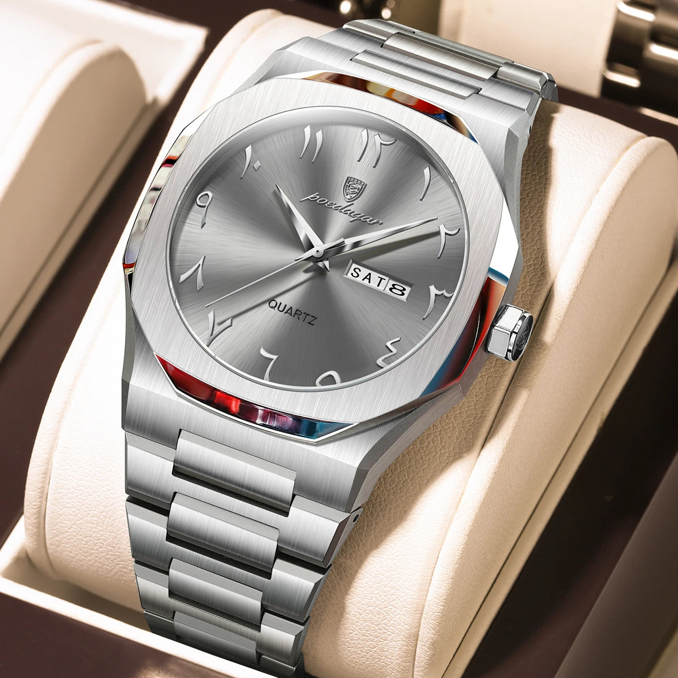Irregular Shape Stainless Steel Watch – Full Calendar with Date & Week Display