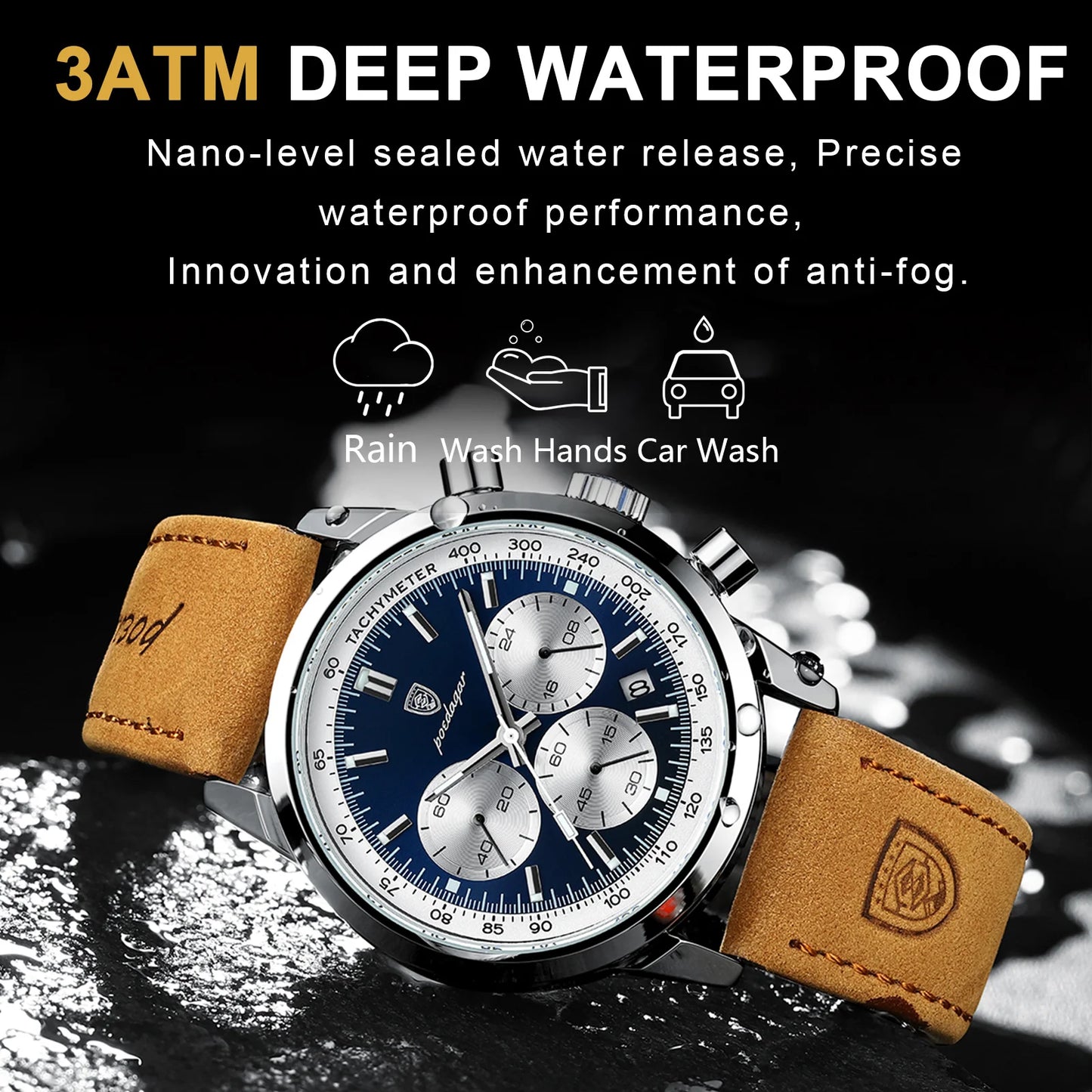 Chronograph Leather Watch – Full Calendar with Luminous Dial