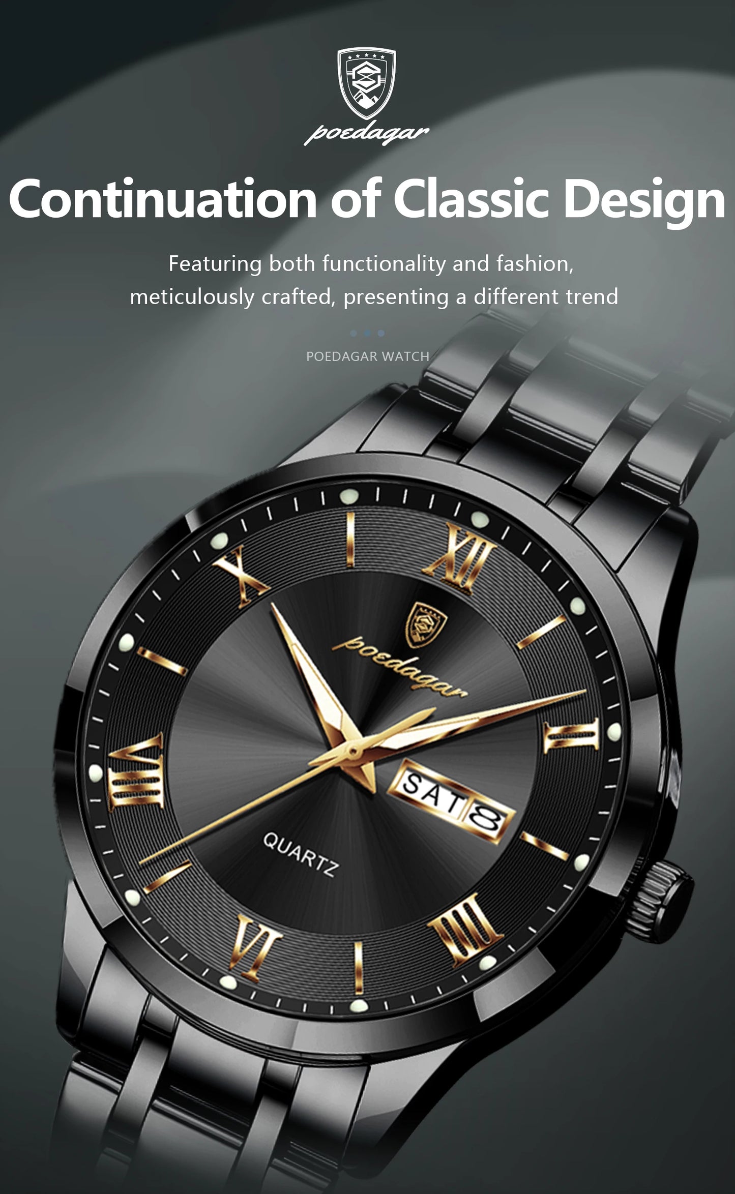 Full Calendar Stainless Steel Watch – Luminous Dial with Date, Week & Hidden Clasp