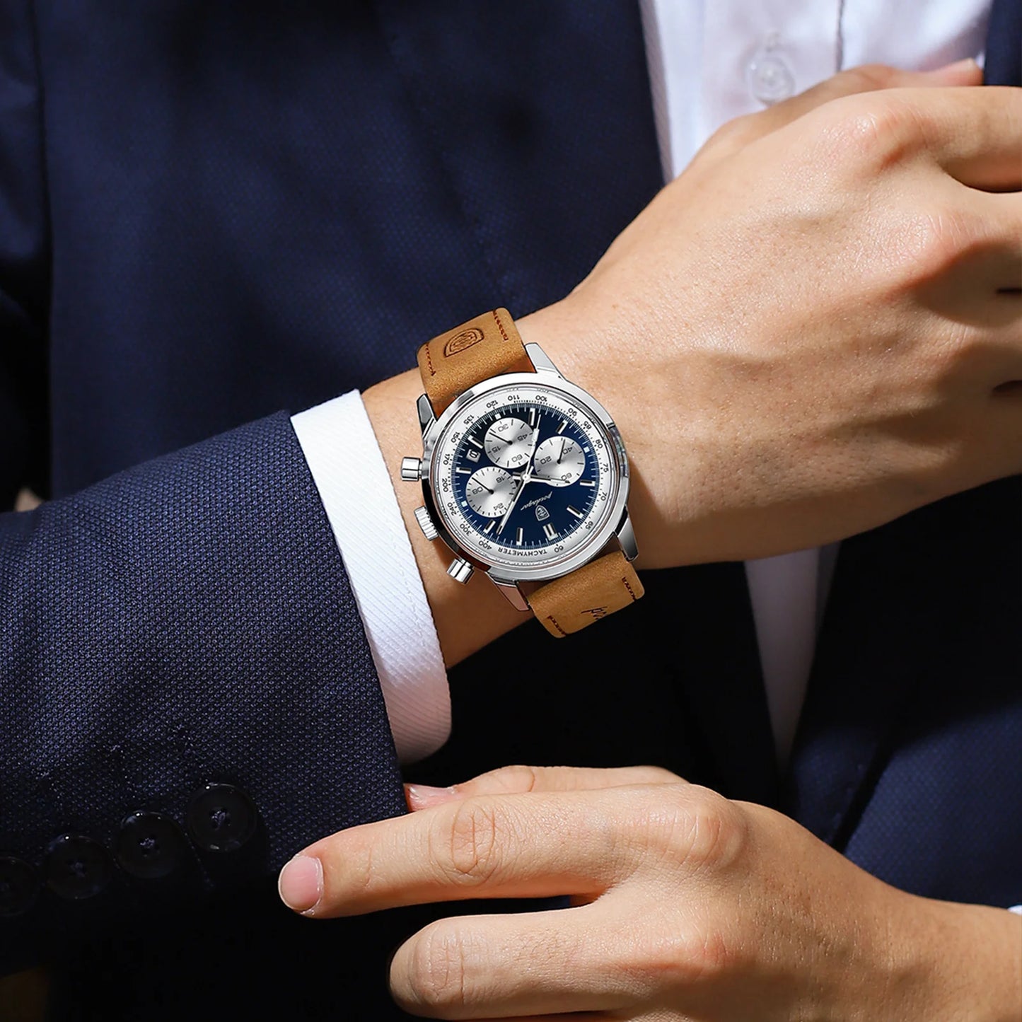 Chronograph Leather Watch – Full Calendar with Luminous Dial