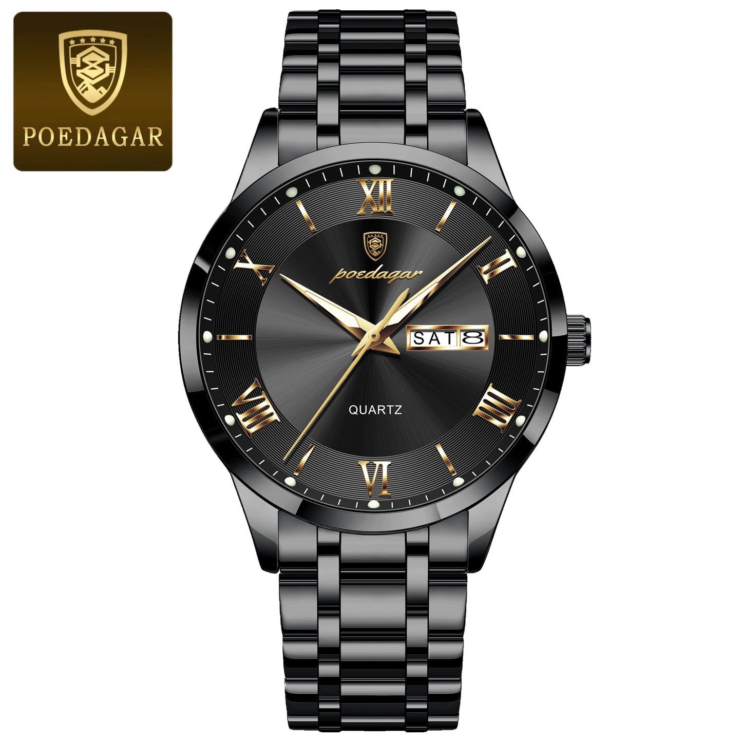 Roman Numeral Full Calendar Watch – Luminous Dial with Hidden Clasp Bracelet