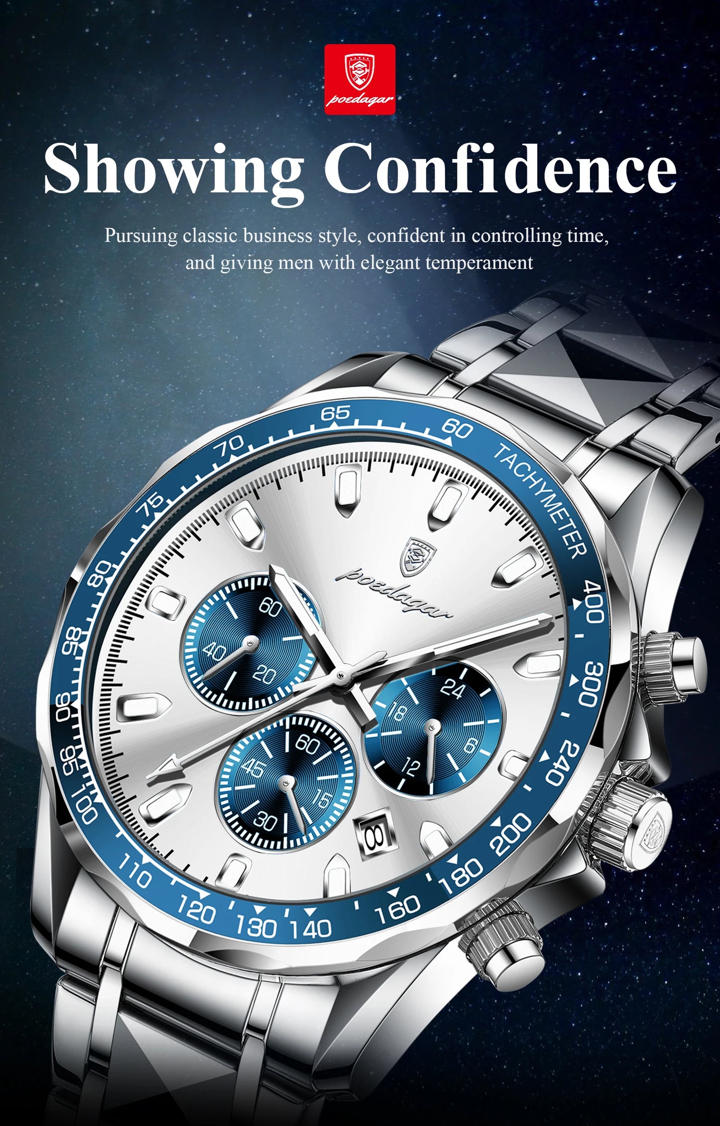 Chronograph Business Watch – Luminous Numberless Dial with Hidden Clasp Bracelet