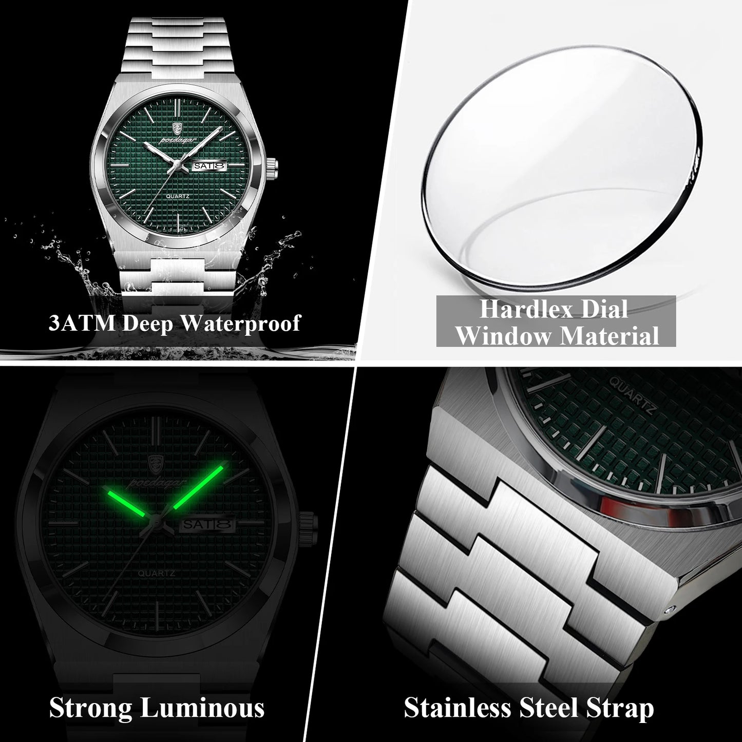 Full Calendar Stainless Steel Watch – Luminous Dial with Date, Week & Hidden Clasp