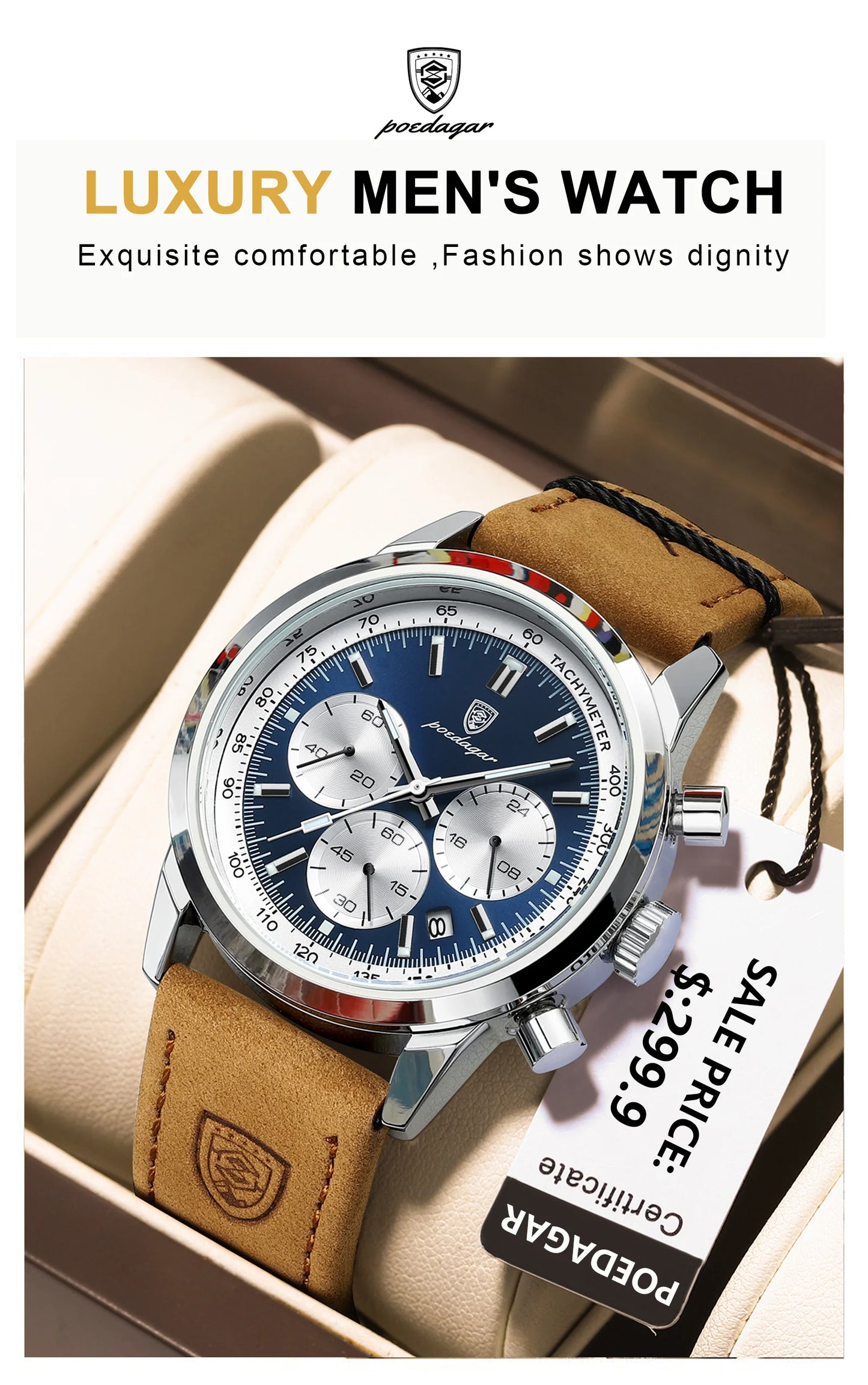 Chronograph Leather Watch – Full Calendar with Luminous Dial