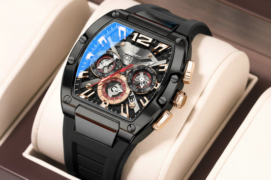 Tonneau Chronograph Watch – Roman Numeral Dial with Sapphire Crystal & Silicone Strap
