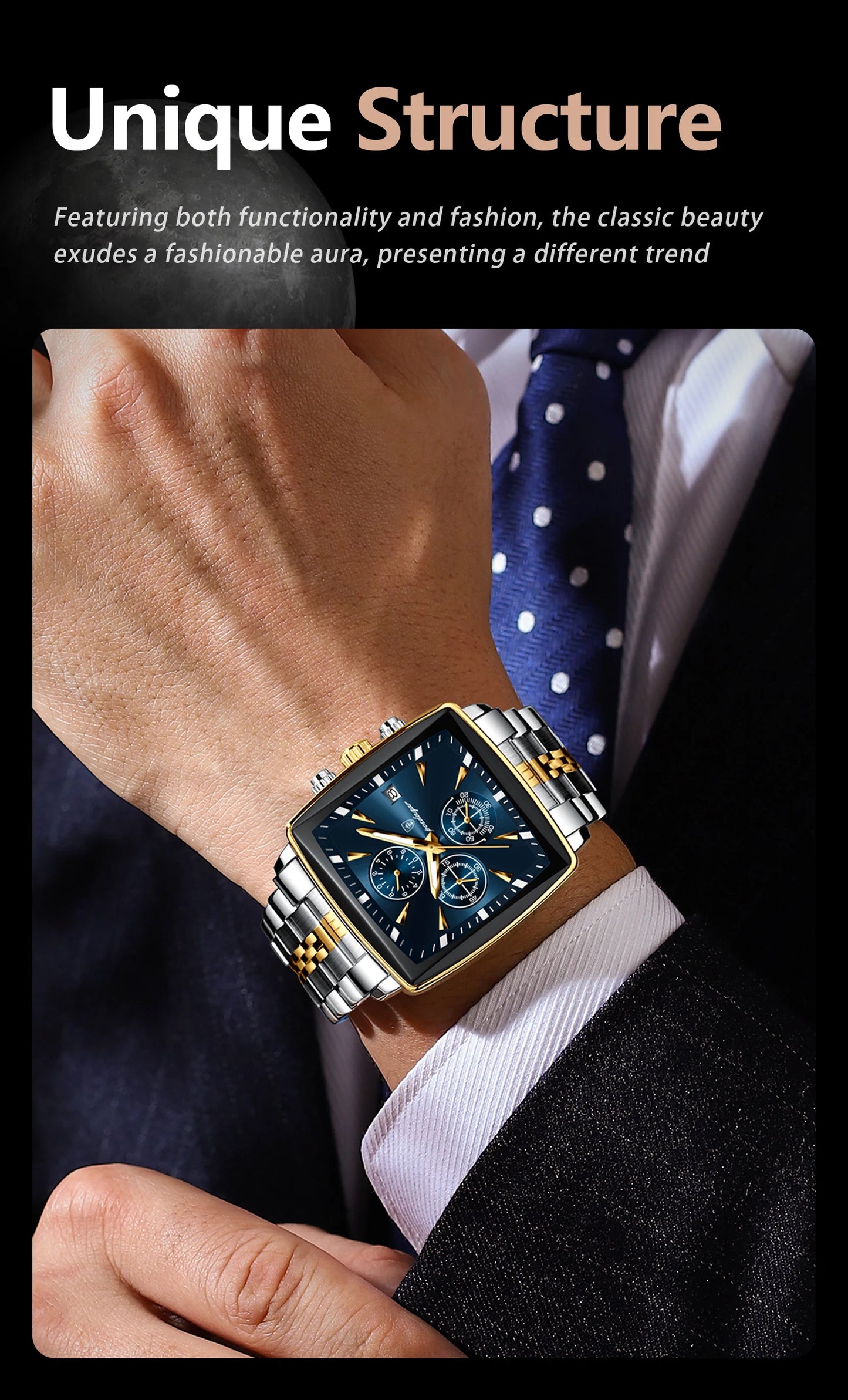 Square Chronograph Watch – Bold Numberless Dial with Hidden Clasp Bracelet