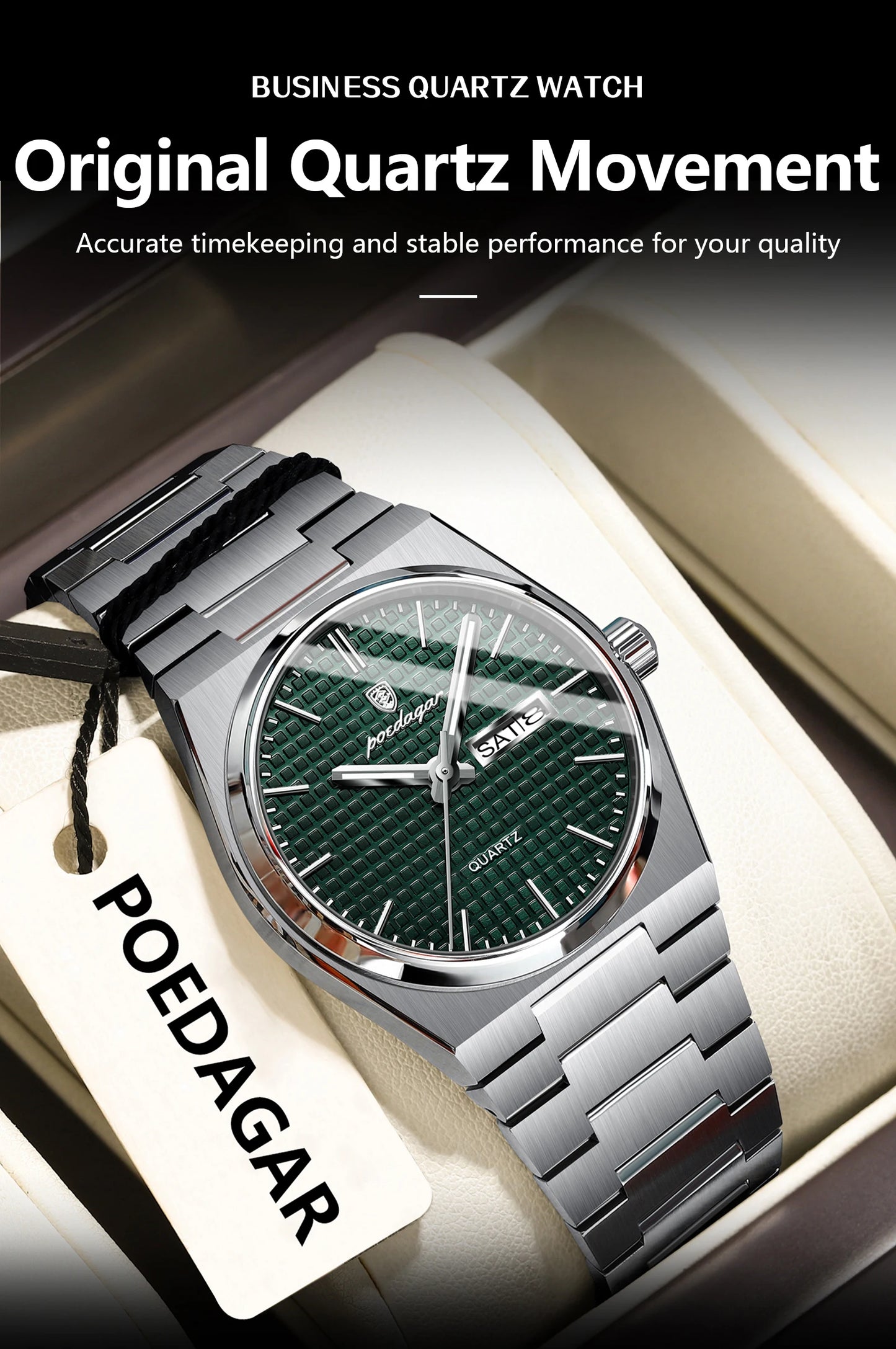 Full Calendar Stainless Steel Watch – Luminous Dial with Date, Week & Hidden Clasp