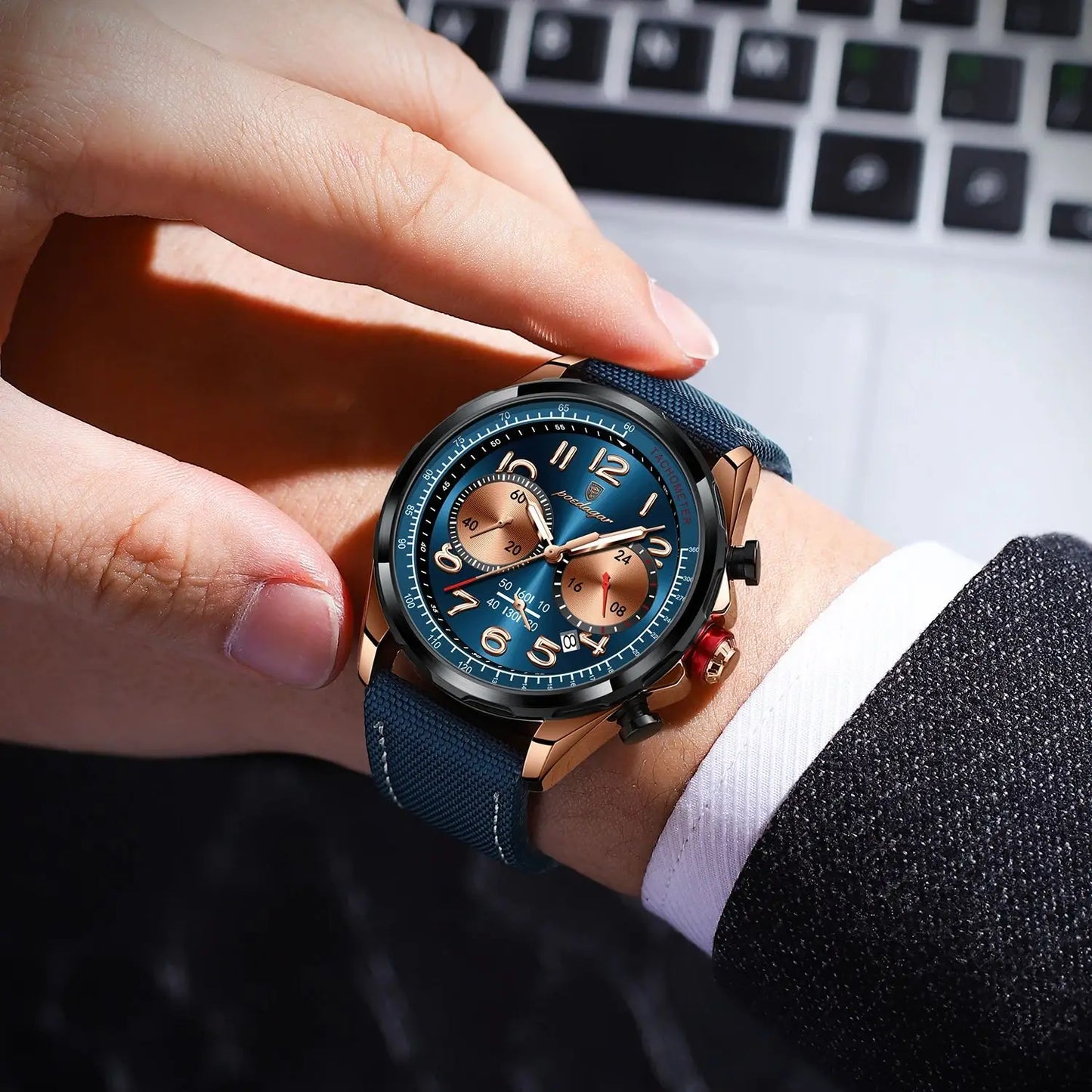Chronograph Watch with Nylon Strap – Complete Calendar & Luminous Arabic Dial